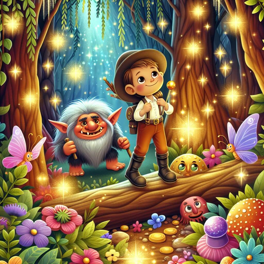 Une illustration destinée aux enfants représentant un adorable troll caché dans une forêt enchantée, faisant équipe avec un jeune explorateur, à la recherche d'un trésor scintillant au cœur d'un royaume magique rempli de fleurs lumineuses, de farfalle colorate et de fées étincelantes.