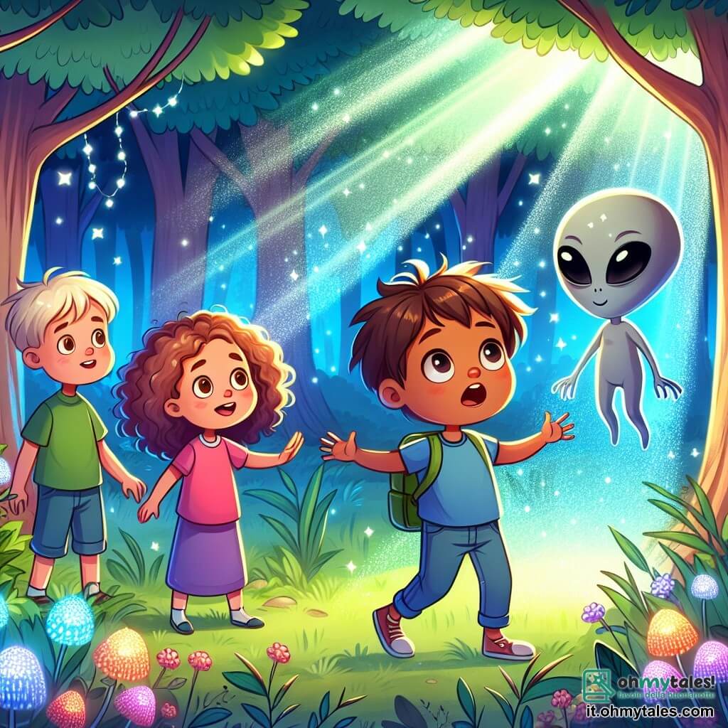 Une illustration destinée aux enfants représentant un garçon émerveillé par l'arrivée d'un extraterrestre amical, accompagné d'une petite fille aux cheveux bouclés, dans une forêt enchantée aux arbres lumineux et aux fleurs scintillantes.