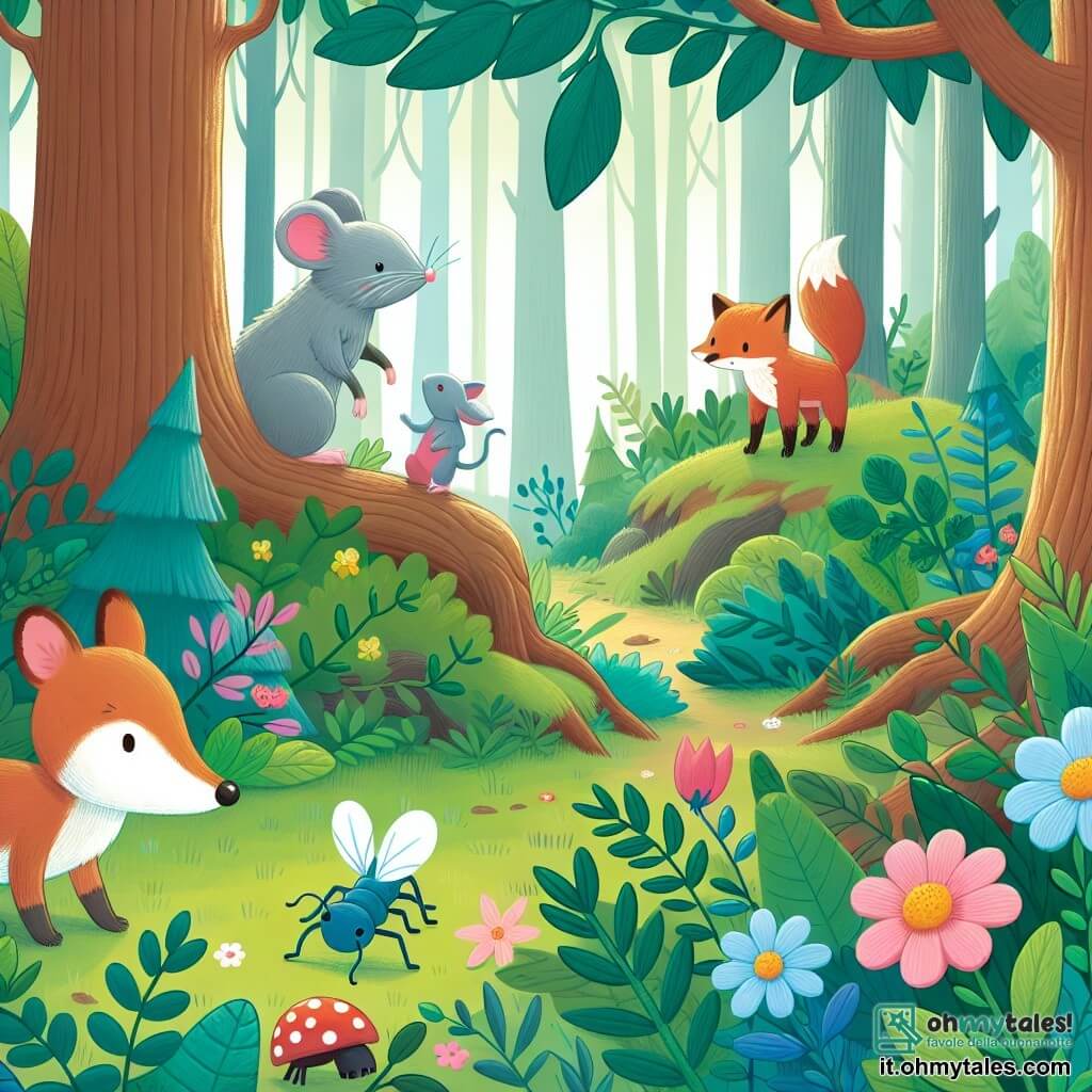 Une illustration destinée aux enfants représentant une petite souris curieuse se perdant dans un bosco incantato, rencontrant une volpe astucieuse et une formica courageuse, parmi des arbres maestosi et des fleurs colorées.