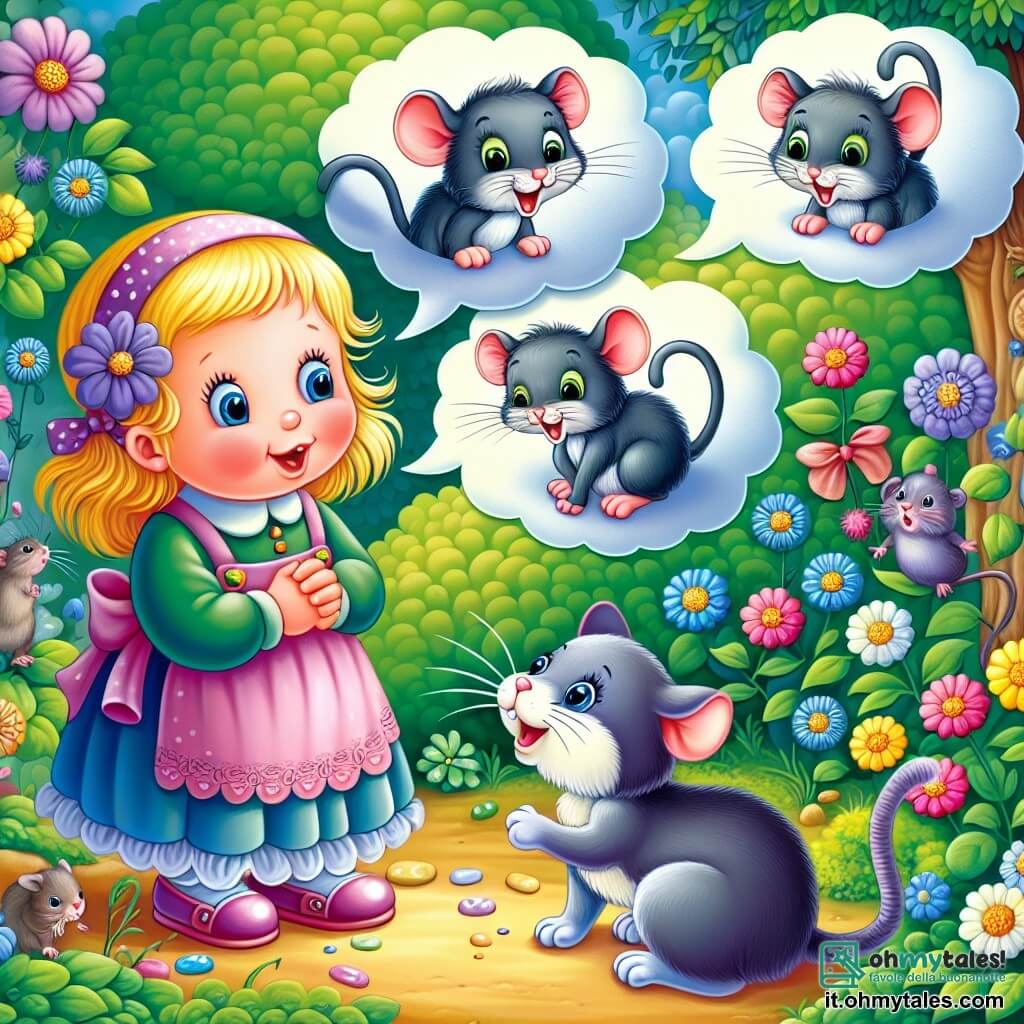 Une illustration destinée aux enfants représentant une petite fille curieuse en train d'apprendre à parler de façon loufoque avec un gatto parlante et deux topolini dans un jardin enchanté rempli de fleurs multicolores et de buissoncini parlanti.