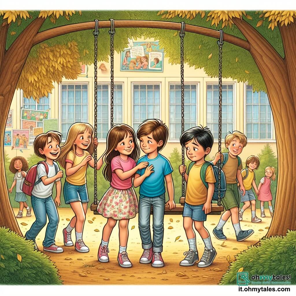 Illustrazione che rappresenta un cortile scolastico animato, con alberi dalle foglie colorate in toni di verde e oro, e bambini che giocano e ridono attorno a un grande altalena. Al centro, un gruppo di quattro bambini: una ragazza di 11 anni con lunghi capelli castani, che indossa una maglietta rosa e pantaloni corti di jeans, che sorride calorosamente; un'altra ragazza di 11 anni con capelli biondi corti, vestita con un abito a fiori, che tende la mano verso un ragazzo; un ragazzo di 11 anni con occhiali e capelli castani, che guarda timidamente a terra; e un altro ragazzo di 11 anni, con capelli neri e una maglietta blu, che sembra a disagio, stando in disparte dal gruppo. La situazione principale mostra la ragazza bruna che incoraggia il ragazzo timido a unirsi a loro, mentre il ragazzo a disagio osserva la scena, con un'espressione di dubbio sul volto. Sullo sfondo, manifesti colorati sul muro della scuola riportano messaggi positivi sull'amicizia e il rispetto, aggiungendo un'atmosfera incoraggiante alla scena.