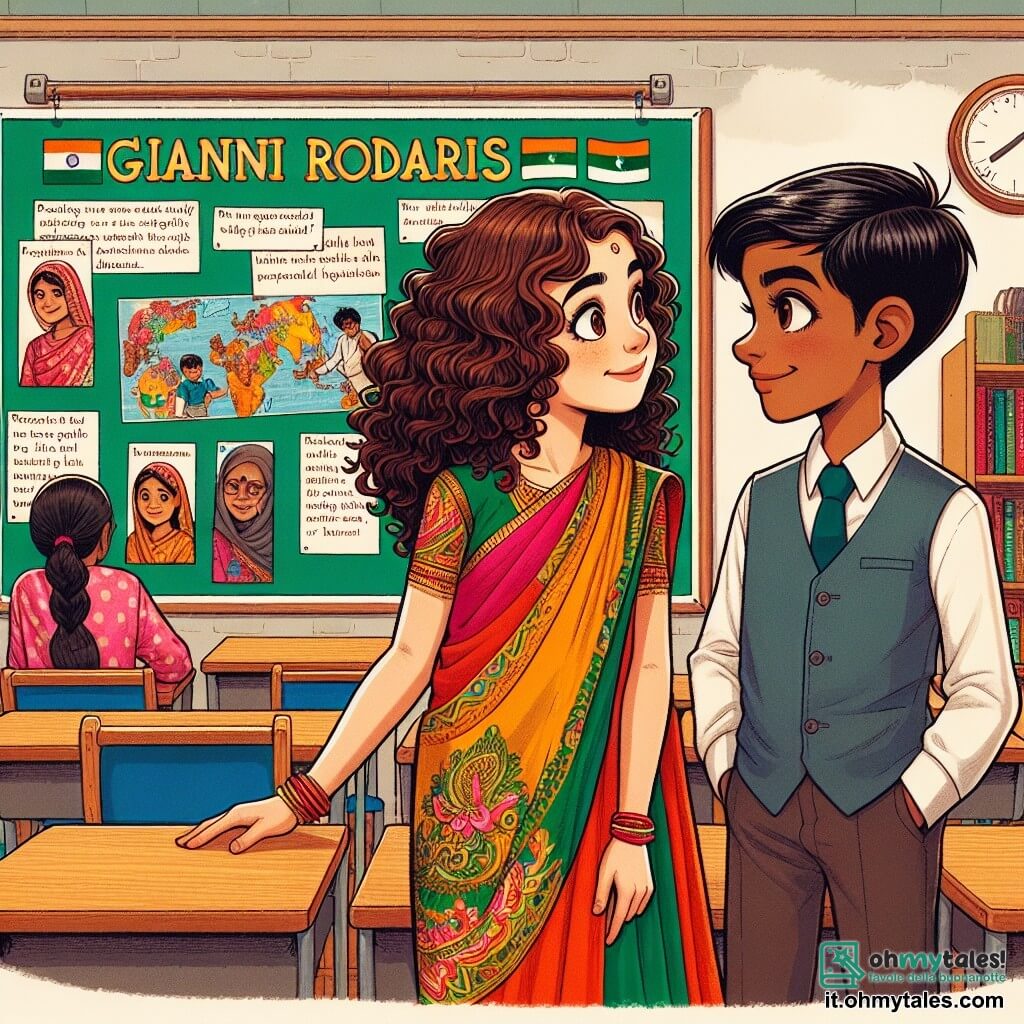 Une illustration sous forme de dessin destinée aux enfants représentant une salle de classe colorée de l'école "Gianni Rodari", où une fille de 11 ans aux cheveux bruns et bouclés, portant un sari coloré, se tient devant un poster sur l'Inde, tandis qu'un garçon d'origine pakistanaise, aux cheveux noirs et lisses, l'écoute attentivement, tous deux souriant et partageant leurs cultures, illustrant l'importance de l'amitié et de la compréhension entre différentes origines dans un contexte de lutte contre le racisme.