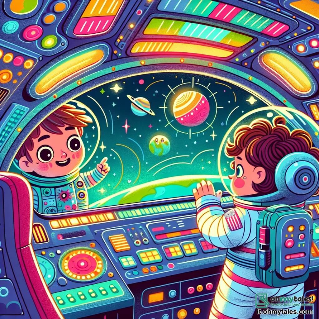 Une illustration sous forme de dessin destinée aux enfants représentant l'intérieur d'une navette spatiale brillante avec des panneaux de contrôle lumineux, où une femme astronaute aux cheveux bruns et bouclés, vêtue d'une combinaison spatiale blanche, sourit en regardant par la fenêtre vers un petit planète colorée, tandis qu'un garçon curieux aux yeux écarquillés, avec des cheveux blonds en bataille, observe avec émerveillement depuis l'extérieur, illustrant un moment de partage et de découverte entre l'astronaute et l'enfant.
