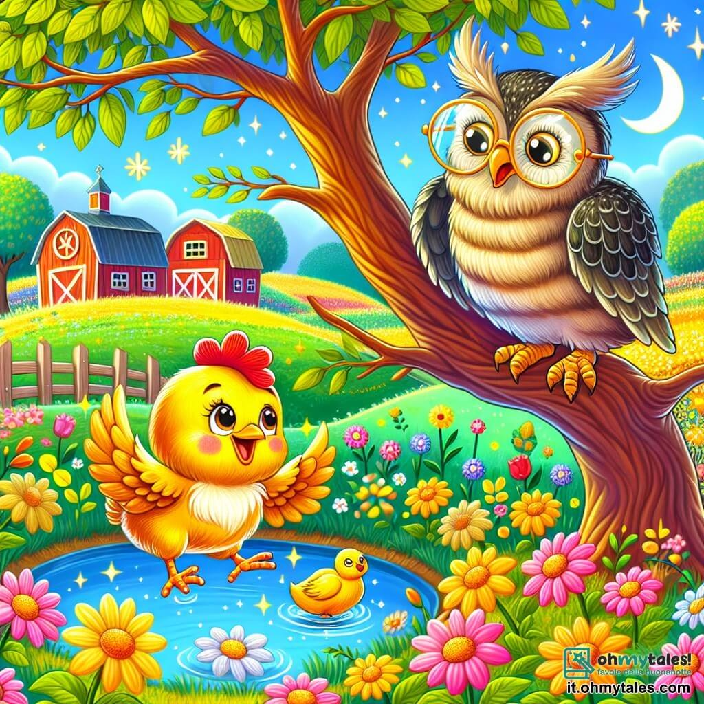 Une illustration sous forme de dessin destinée aux enfants représentant une charmante ferme colorée, avec des champs de fleurs éclatantes et un grand arbre au centre, où une petite poule aux plumes dorées et aux yeux pétillants saute joyeusement près d'un lac scintillant, tandis qu'un vieux hibou sage aux plumes grises et aux lunettes rondes l'observe depuis une branche, illustrant le moment magique où la poule découvre le pouvoir de croire en ses rêves.