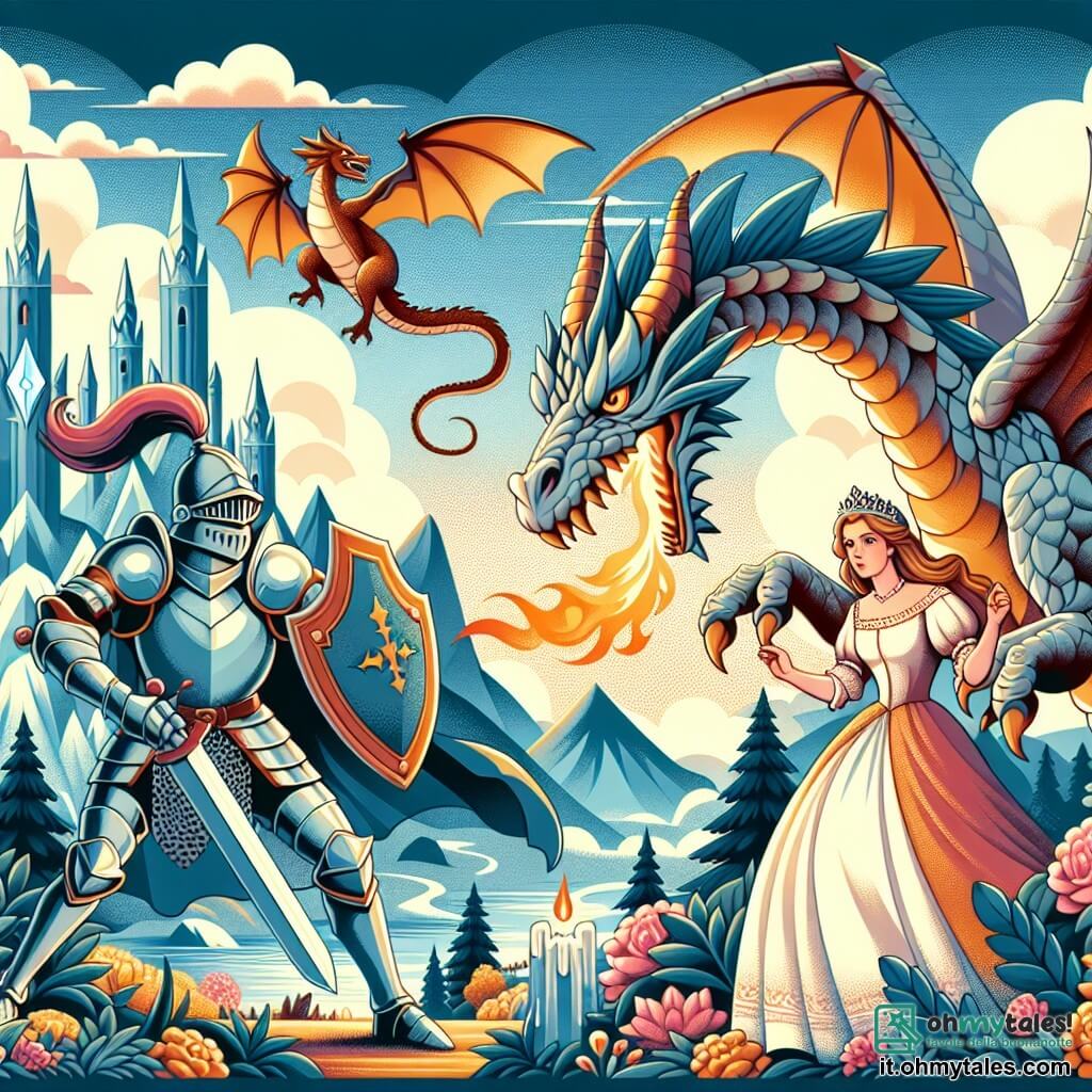 Une illustration destinée aux enfants représentant un courageux chevalier affrontant un dragon féroce pour sauver une princesse capturée, dans un royaume fantastique aux tours de cristal et aux montagnes embrumées.