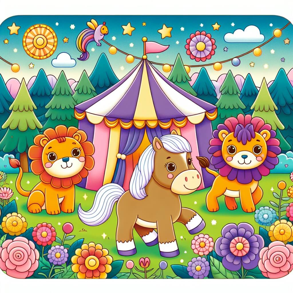 Une illustration destinée aux enfants représentant un joyeux cheval qui se trouve dans un cirque coloré, accompagné d'un lion amical, dans une forêt enchantée remplie de fleurs et d'arbres majestueux.
