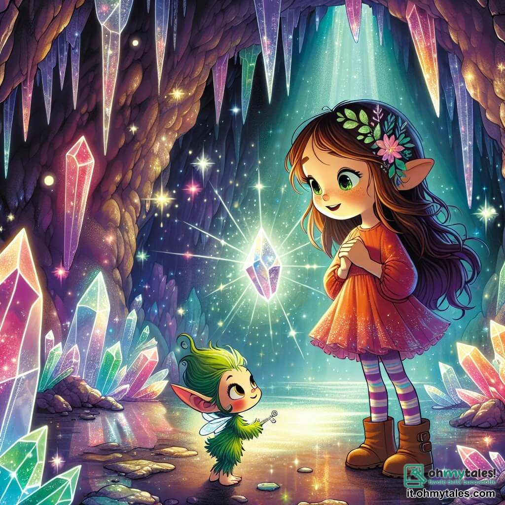 Illustrazione che rappresenta una scena magica all'interno della Montagna di Cristallo. La grotta scintillante è decorata con muri di cristallo che riflettono colori vivaci, creando un'atmosfera incantevole. Schegge di luce danzano intorno, illuminando il volto meravigliato di una ragazza di 9 anni, con lunghi capelli castani e occhi brillanti di curiosità. Indossa un vestito colorato, leggermente stropicciato dall'avventura, e tiene in mano una chiave d'argento, pronta a svelare il mistero davanti a lei. Accanto a lei, un piccolo essere simile a un folletto, con orecchie a punta e un sorriso caloroso, osserva con impazienza. Ha una statura minuscola, capelli verdi e un abito in tessuto naturale, sembrando fatto di foglie e fiori. La scena principale mostra la ragazza davanti a un grande cristallo luminoso, che fluttua al centro della grotta, mentre motivi di luce vorticano intorno a loro, simboleggiando la magia che rinasce. Sullo sfondo, sagome di alberi scintillanti e stelle brillanti aggiungono un tocco di mistero a questa scena incantata.