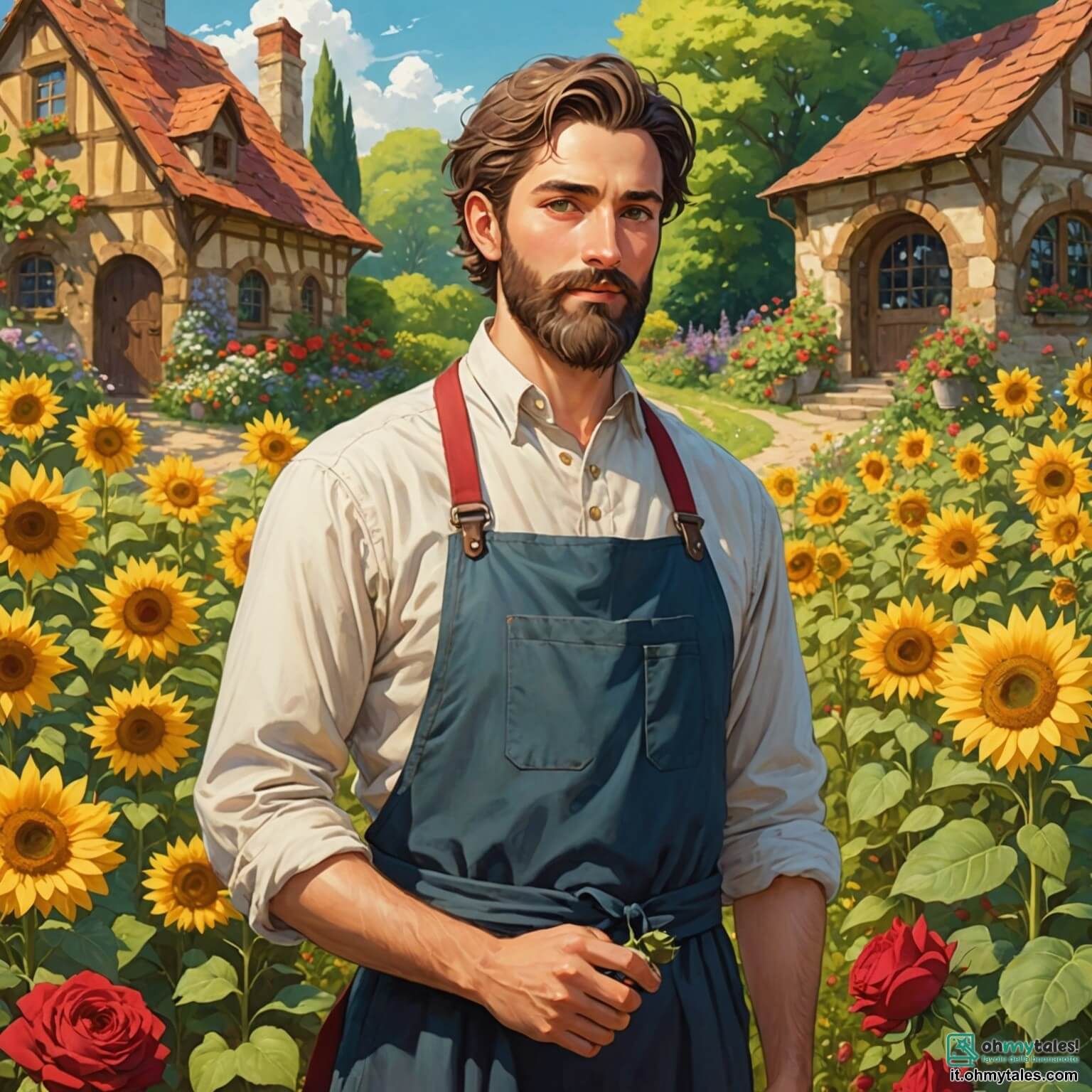 Une illustration destinée aux enfants représentant un homme au cœur tendre, avec une barbe soignée et des yeux pétillants de gentillesse, vêtu d'un simple tablier de jardinier, qui se trouve dans un jardin enchanté débordant de fleurs aux couleurs éclatantes, où des roses rouges comme des rubis et des tournesols dorés comme des rayons de soleil dansent au gré du vent, tandis qu'il écoute avec émerveillement les histoires d'une petite margherita aux pétales délicats, d'un girasole joyeux qui s'incline vers le ciel et d'une farfalla blanche aux ailes scintillantes qui virevolte autour de lui, tous unis dans cette oasis magique, où la nature chante et où les rires des enfants du village voisin résonnent comme une douce mélodie.