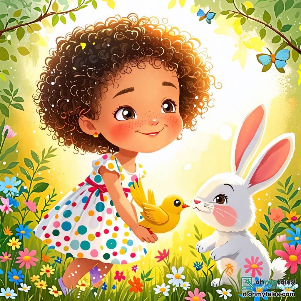 Une illustration sous forme de dessin destinée aux enfants représentant un jardin ensoleillé rempli de fleurs colorées, où une petite fille de 2 ans aux cheveux bouclés et aux yeux pétillants, vêtue d'une robe légère à pois, sourit en jouant avec un petit oiseau jaune qui chante joyeusement sur une branche, tandis qu'un coniglio bianco aux grandes oreilles les observe avec un air amical, illustrant le moment magique où la petite fille découvre que la véritable joie se trouve dans les rêves et les petits instants de bonheur.
