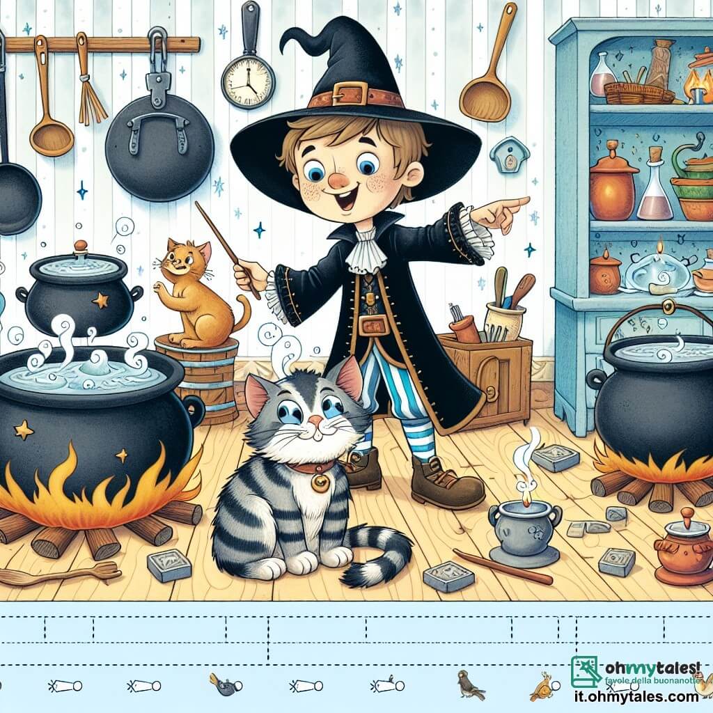 Une illustration destinée aux enfants représentant un jeune sorcier maladroit et plein de charme, accompagné de son fidèle chat parlant, se trouvant dans une cuisine magique remplie de chaudrons bouillonnants, de pentole danzanti e di utensili da cucina che si muovono come per magia.