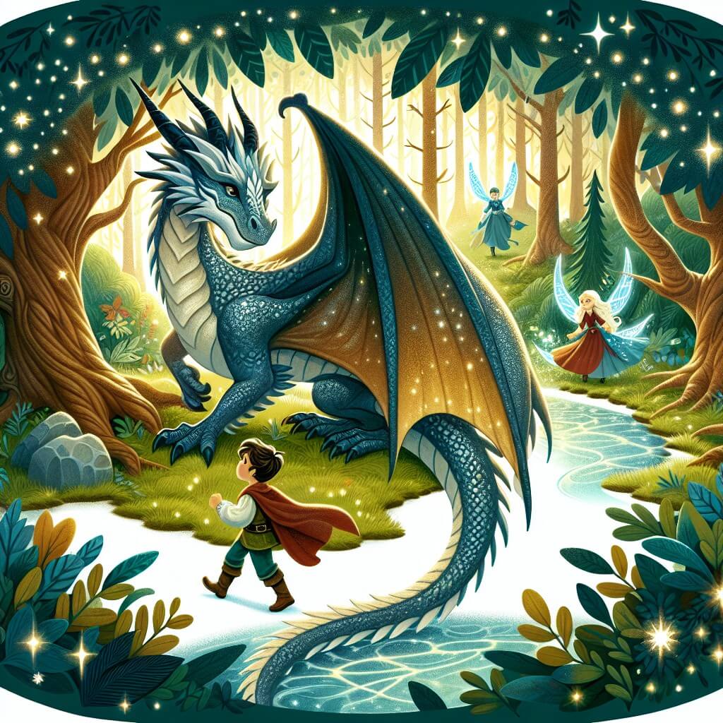 Une illustration destinée aux enfants représentant un dragon majestueux aux écailles chatoyantes, confronté à une quête pour retrouver son royaume perdu, accompagné d'un jeune garçon curieux, dans une forêt enchantée où des elfes dansent parmi les arbres aux feuilles scintillantes.