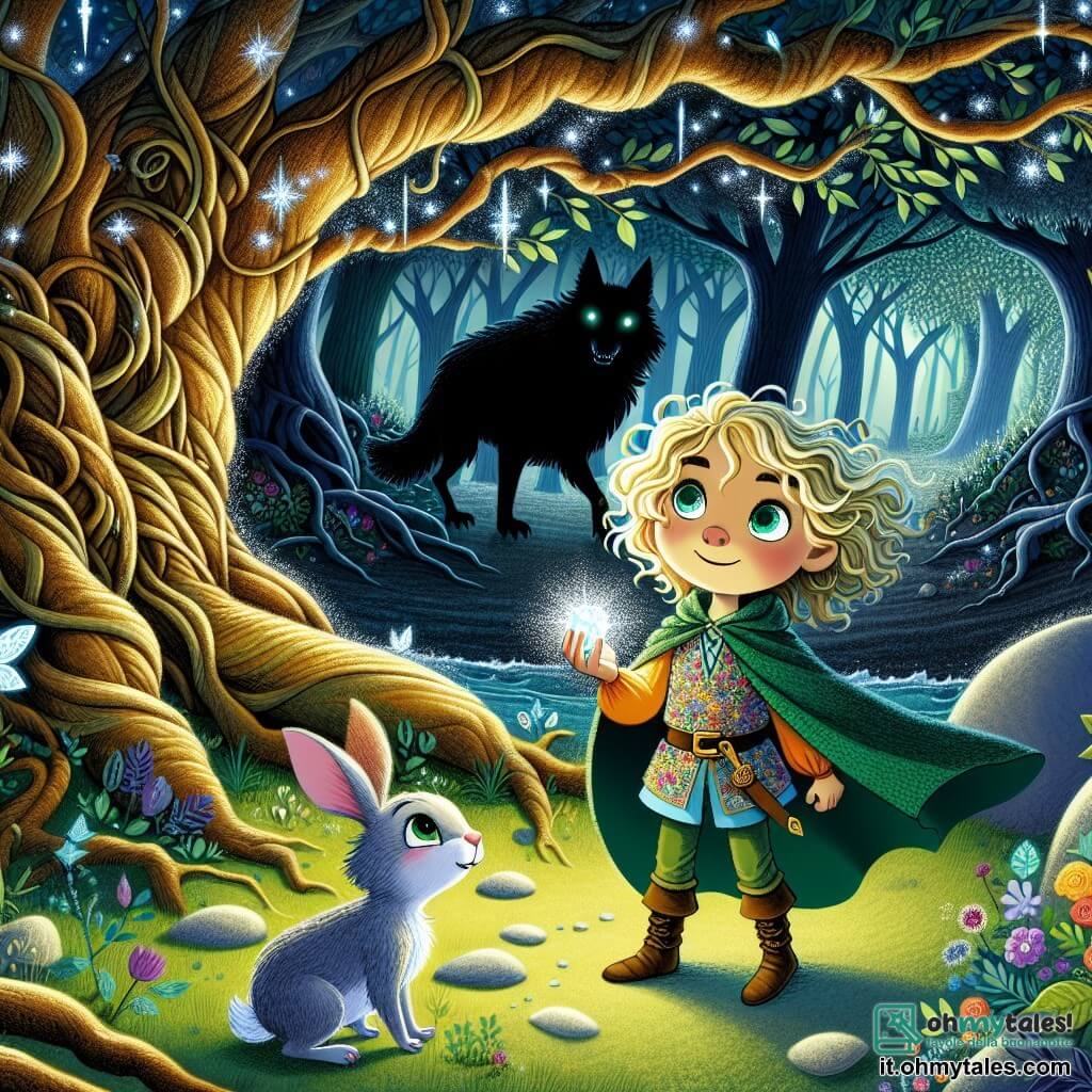 Une illustration sous forme de dessin destinée aux enfants représentant une forêt enchantée, avec des arbres aux troncs tordus et des feuilles scintillantes, où une fille de 11 ans aux cheveux blonds bouclés et aux yeux verts pétillants, vêtue d'une tunique colorée, se tient courageusement devant un grand arbre aux racines noueuses, tenant une gemme brillante dans sa main, tandis qu'un petit lapin au pelage doux et au panciotto bleu l'observe avec curiosité, alors qu'ils se préparent à affronter un loup noir menaçant qui surgit de l'ombre, créant une atmosphère d'aventure et de mystère.