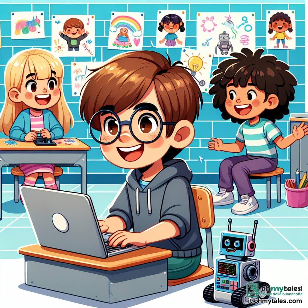 Une illustration sous forme de dessin destinée aux enfants représentant une salle de classe colorée et accueillante, avec des murs décorés de dessins d'enfants, où un garçon de 11 ans aux cheveux bruns et aux lunettes, souriant et concentré, programme un petit robot sur son ordinateur portable, tandis qu'un groupe d'amis, dont une fille aux cheveux blonds et un garçon aux cheveux noirs, l'encouragent avec enthousiasme, illustrant l'esprit d'entraide et de collaboration face aux défis du handicap.