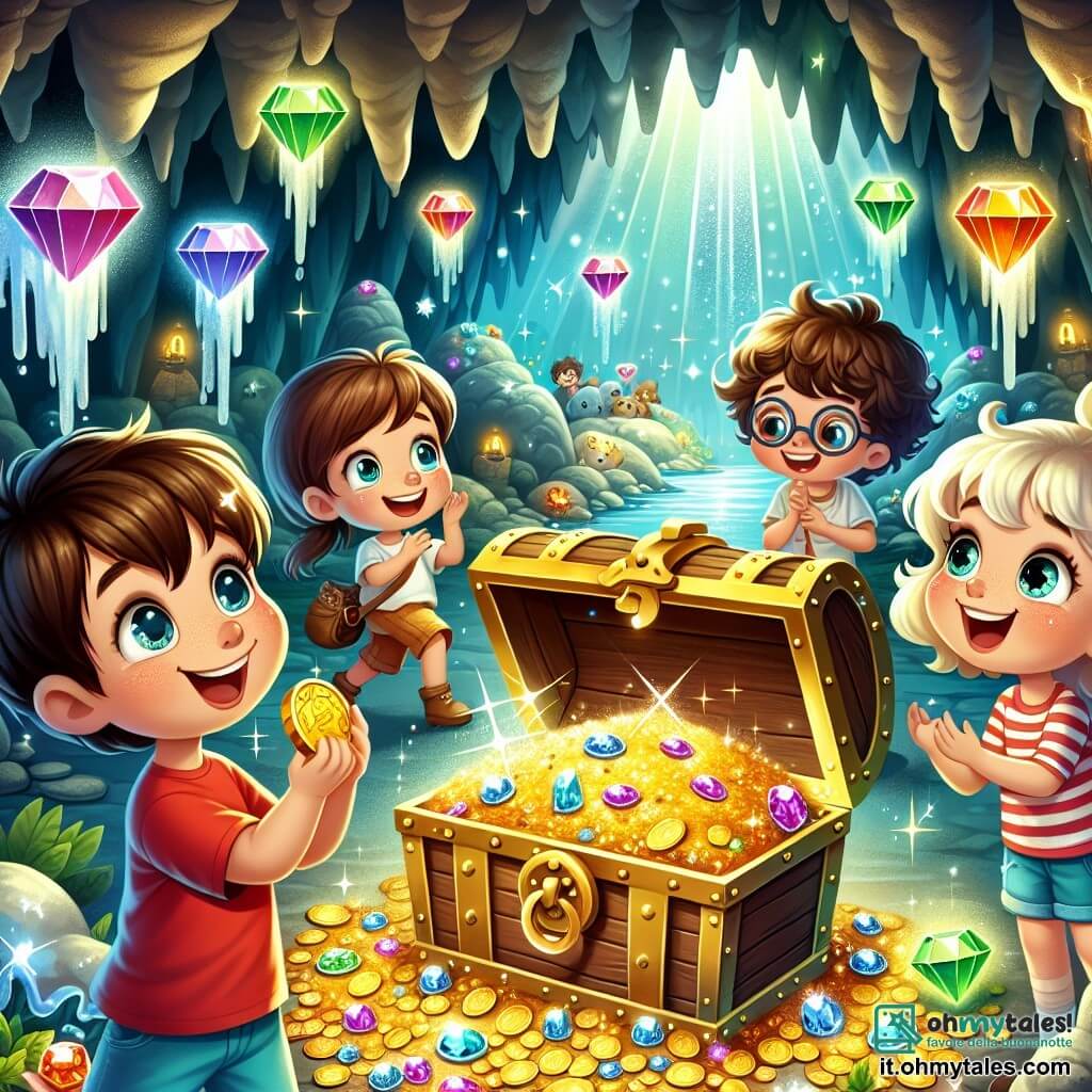 Illustrazione che rappresenta una caverna misteriosa, con pareti scintillanti coperte di gemme colorate, stalattiti che pendono dal soffitto e un grande baule al centro, leggermente aperto, che lascia intravedere monete d'oro e gioielli brillanti. In questa scena, un ragazzo di sei anni con capelli castani e occhi vivaci, indossa una maglietta rossa e pantaloni blu, guarda con meraviglia il tesoro. Accanto a lui, una ragazza di sei anni con capelli biondi intrecciati e un vestito rosa, sorride gioiosamente, tenendo una chiave dorata tra le sue piccole mani. Un altro ragazzo, con occhiali e capelli castani, osserva la caverna con curiosità, mentre una ragazza dai capelli ricci e occhi brillanti, vestita con una maglietta a righe, punta il dito su una gemma scintillante sulla parete. La situazione principale mostra i piccoli avventurieri che scoprono il tesoro nascosto nella caverna, pieni di eccitazione e gioia, pronti a condividere la loro scoperta con gli amici del villaggio. Sullo sfondo, ombre misteriose e riflessi di luce aggiungono un'atmosfera magica alla scena, mentre un drago verde dagli occhi dolci dorme pacificamente vicino all'ingresso della caverna.