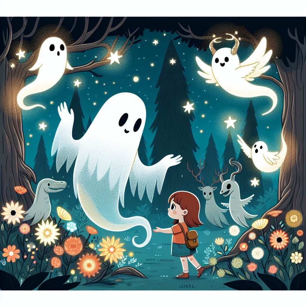 Une illustration destinée aux enfants représentant un fantôme bienveillant, qui se lie d'amitié avec une jeune fille curieuse, dans une forêt enchantée pleine de fleurs lumineuses et d'arbres mystérieux, où les créatures fantastiques vivent en harmonie.