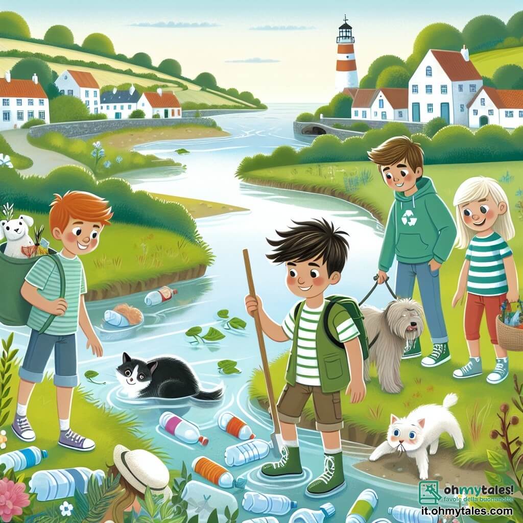 Une illustration destinée aux enfants représentant un garçon intrépide découvrant un fiume souillé par des bouteilles plastiques, accompagné de ses amis, une fille passionnée d'animaux, un garçon amateur de jardinage et une fille fervente de l'énergie renouvelable, dans une petite cittadina vicino al mare, entourée de campi verdi et d'alberi frondosi.