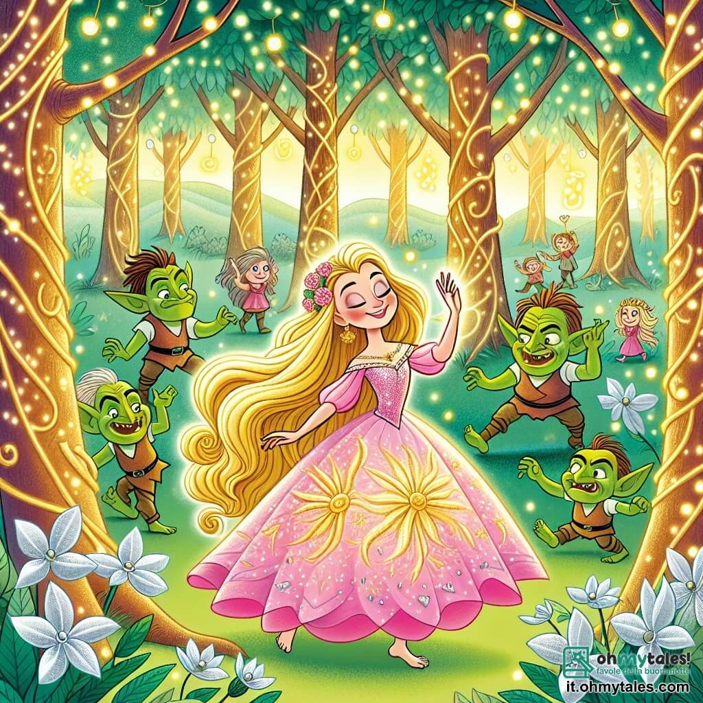 Illustration destinée aux enfants représentant une magnifique forêt enchantée, avec des arbres aux troncs dorés et des feuilles scintillantes, où des fleurs d'argent illuminent le sol de leur éclat. Au centre de la scène, une jeune princesse aux longs cheveux blonds comme le soleil, vêtue d'une robe rose ornée de pétales de fleurs, danse avec grâce, un sourire radieux sur son visage, tandis qu'un groupe de gobelins malicieux, avec des peaux vertes et des yeux malicieux, l'observe en riant, intrigués par sa danse maladroite mais pleine de passion. En arrière-plan, des lucioles illuminent la scène, ajoutant une touche de magie à l'atmosphère féerique, tandis qu'un cœur de cristal scintille au loin, symbolisant l'amour et le courage que la princesse cherche à atteindre.