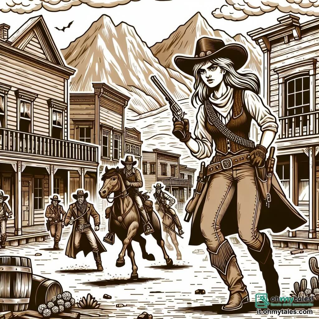 Une illustration destinée aux enfants représentant une cowgirl courageuse, une bande de bandits menaçants, et un village pittoresque de l'Ouest américain avec ses maisons en bois, ses rues poussiéreuses et ses montagnes majestueuses en arrière-plan.