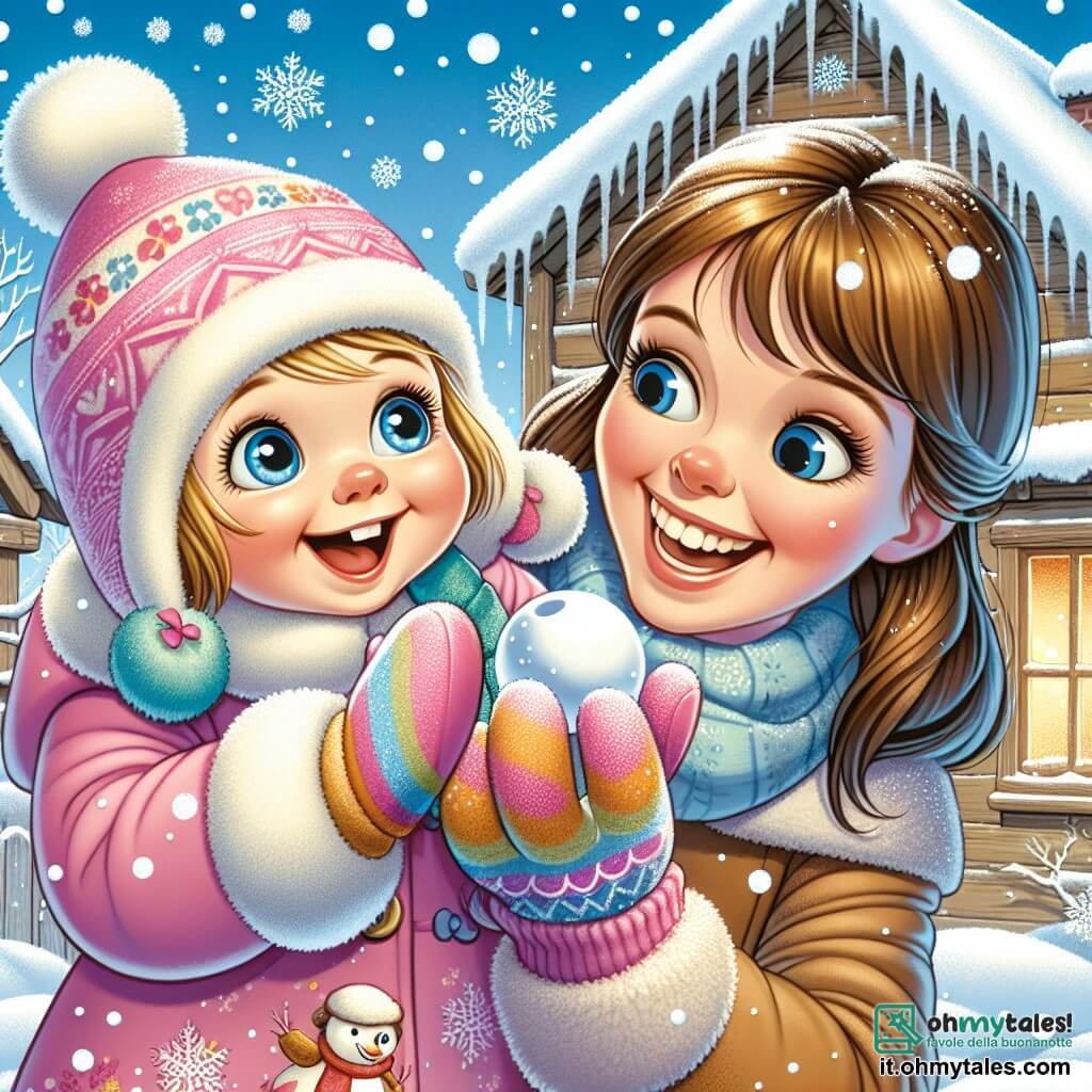 Une illustration sous forme de dessin destinée aux enfants représentant une charmante maison en bois entourée de neige scintillante, avec une petite fille de 1 an aux grands yeux curieux, habillée d'un manteau rose et d'un bonnet en laine, qui rit en touchant la neige avec ses gants colorés, tandis que sa maman, une femme souriante aux cheveux bruns, lui montre comment faire une boule de neige, le tout sous un ciel bleu clair parsemé de flocons de neige tombants, évoquant la magie de l'hiver.