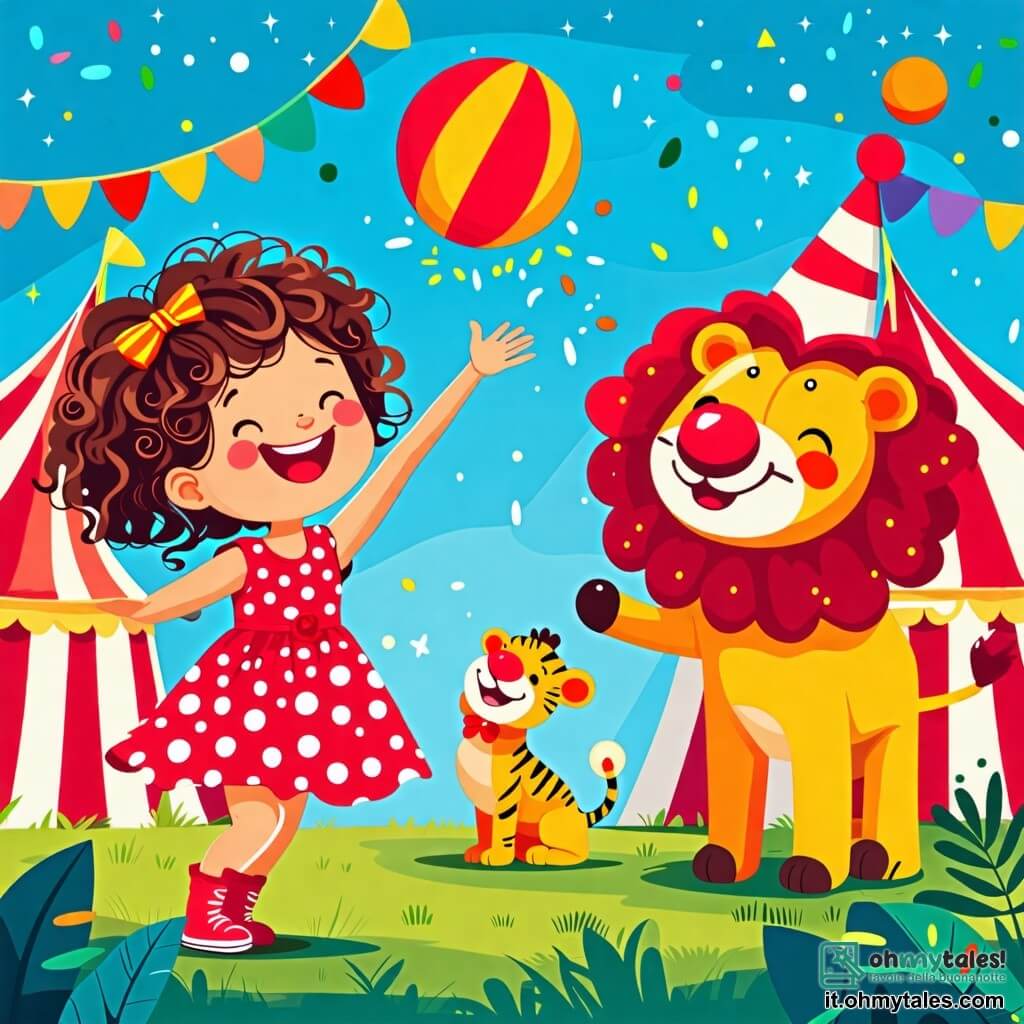 Une illustration sous forme de dessin destinée aux enfants représentant un cirque coloré avec des lumières scintillantes et des chapiteaux rayés, où une petite fille de 2 ans aux cheveux bouclés et aux yeux pétillants, vêtue d'une robe rouge à pois blancs, rit joyeusement en lançant une balle magique vers un clown joyeux avec un grand nez rouge et des cheveux multicolores, qui se tient à ses côtés, prêt à attraper la balle, tandis qu'un groupe d'animaux de cirque, comme un éléphant et un lion, les observe avec curiosité, créant une atmosphère de magie et de bonheur.