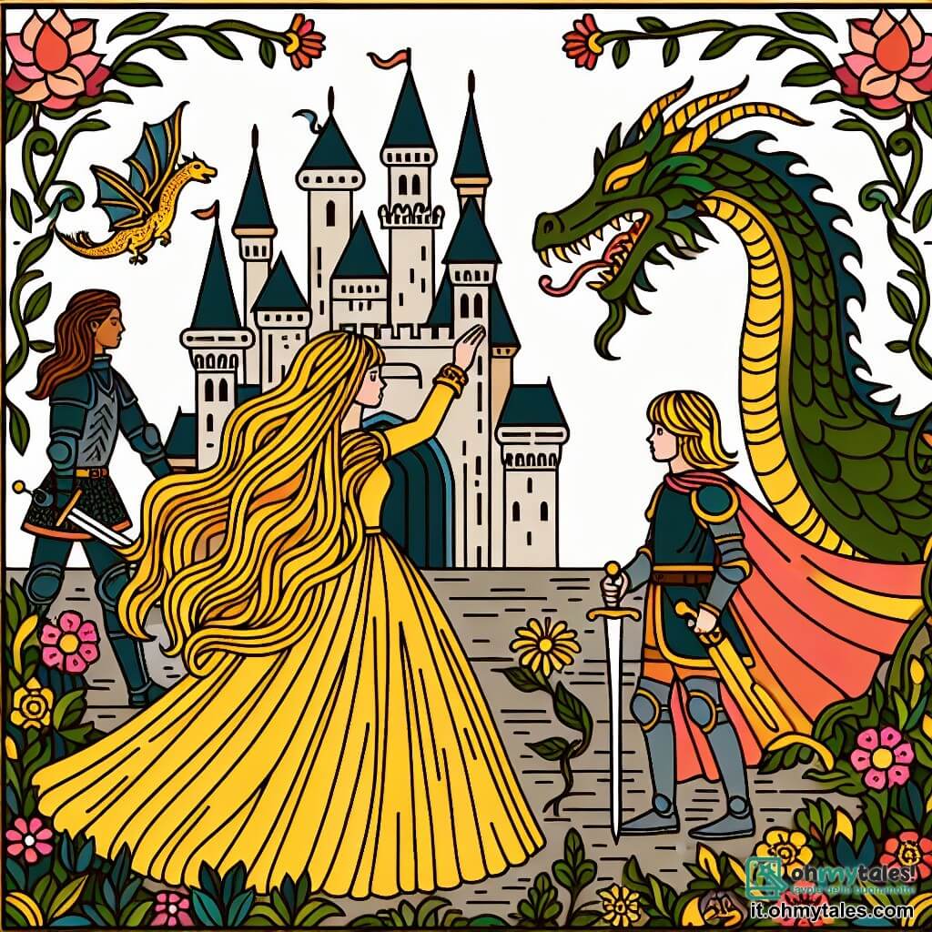 Une illustration destinée aux enfants représentant une princesse aux longs cheveux dorés affrontant un dragon pour sauver son royaume, accompagnée d'un jeune chevalier courageux, dans un château aux tours élancées et aux jardins fleuris.