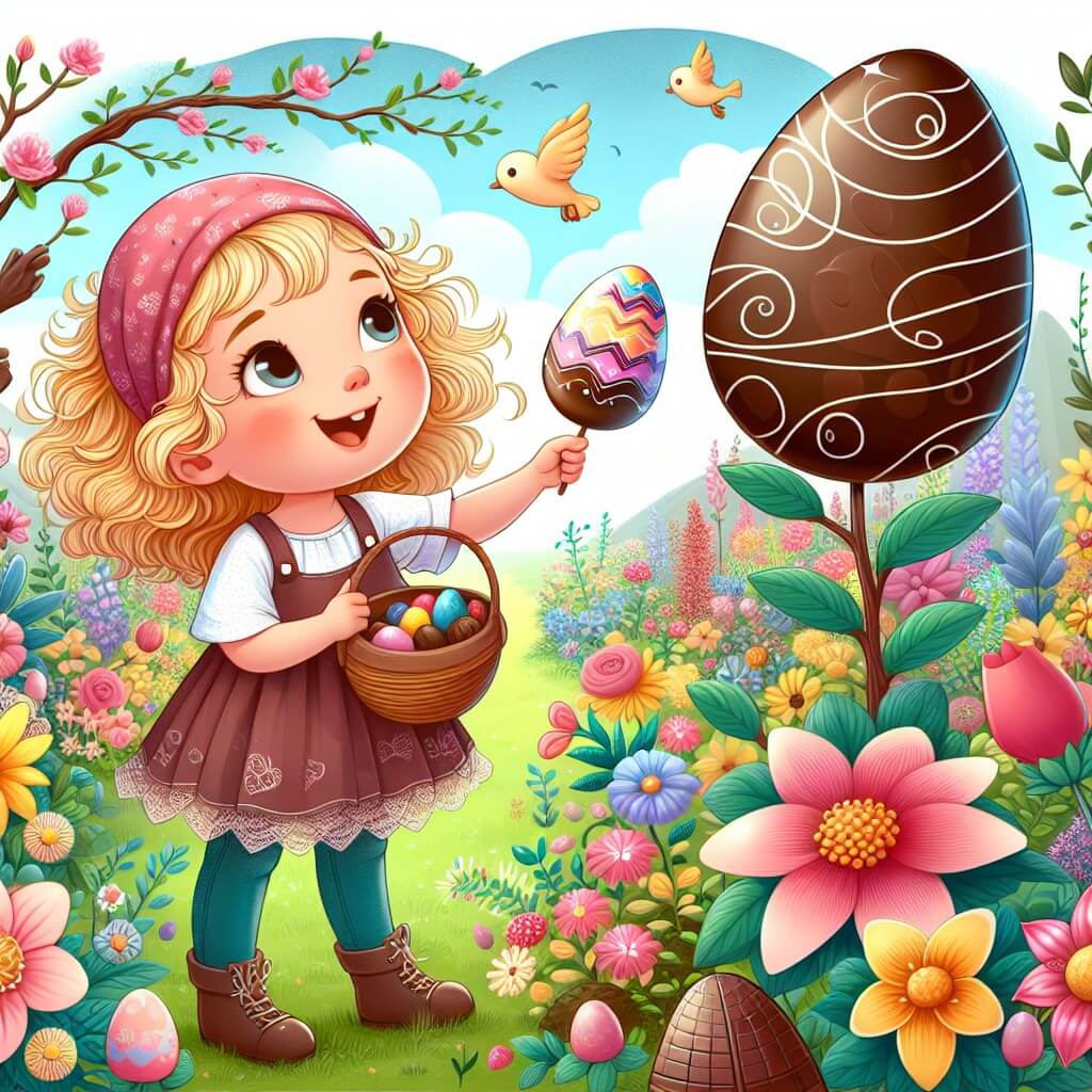 Une illustration destinée aux enfants représentant une petite fille joyeuse découvrant un œuf mystérieux dans un jardin enchanté rempli de fleurs colorées et d'arbres en chocolat.