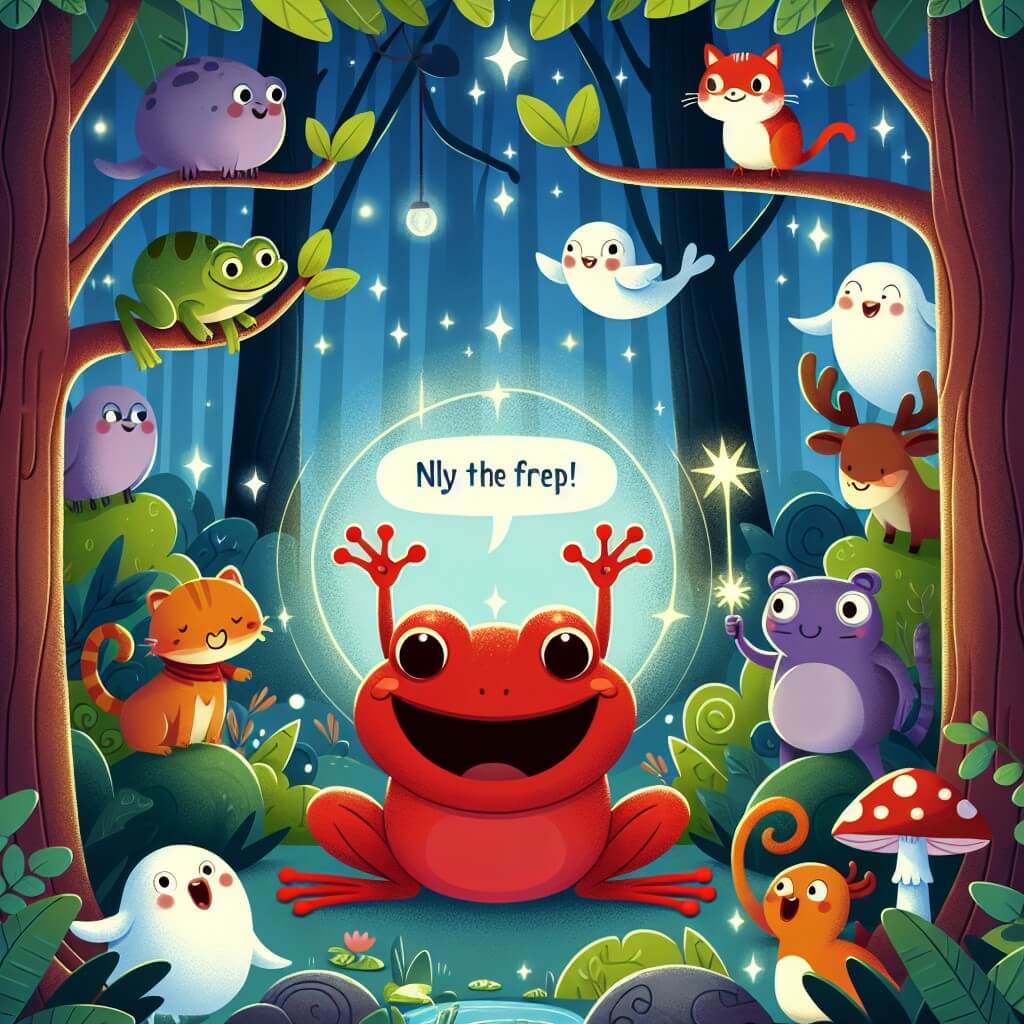 Une illustration destinée aux enfants représentant une joyeuse grenouille rouge se retrouvant dans une forêt enchantée, entourée d'animaux parlants et lumineux, à la recherche d'un objet magique perdu.