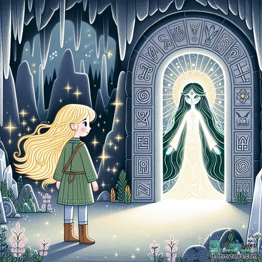 Une illustration destinée aux enfants représentant une jeune fille aux cheveux biondi comme le soleil, se tenant devant une grande porte de pierre gravée de symboles mystérieux, accompagnée d'une âme de la forêt sous forme d'une femme lumineuse aux longs cheveux verts, dans une salle de cristal étincelante au cœur d'une caverna sombre et mystique.