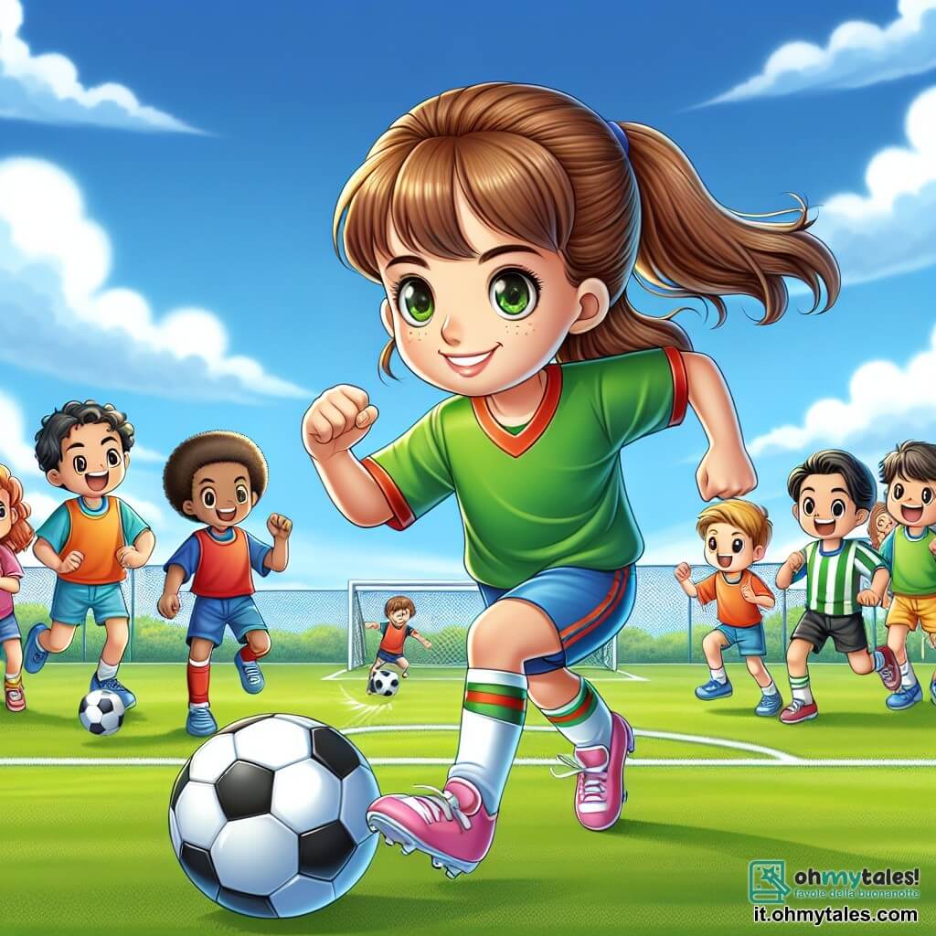 Une illustration sous forme de dessin destinée aux enfants représentant un terrain de football verdoyant sous un ciel bleu éclatant, où une jeune fille aux cheveux bruns attachés en queue de cheval, vêtue d'un maillot coloré et de shorts, dribble habilement le ballon avec un sourire déterminé, tandis qu'un groupe de garçons aux visages joyeux et aux vêtements de sport l'encourage depuis le bord du terrain, illustrant l'esprit d'équipe et la passion du jeu dans un moment de camaraderie et de compétition amicale.