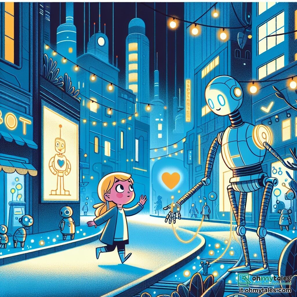 Une illustration destinée aux enfants représentant une jeune fille curieuse découvrant un parc robotique enchanté, accompagnée d'un robot bienveillant au cœur brillant, dans la ville futuriste de Robotonia, aux rues illuminées de lumières au néon et aux arbres robotiques dansant au vent.