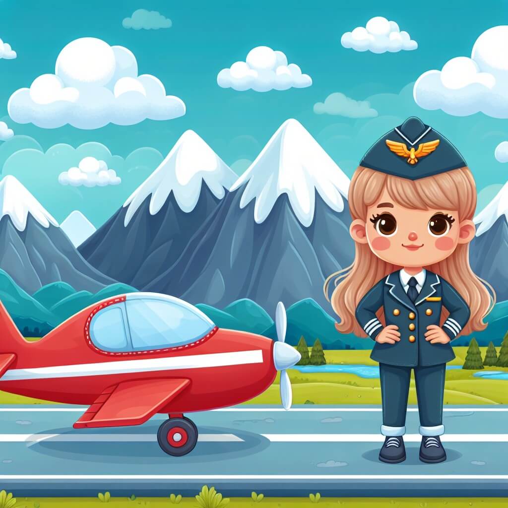 Une illustration destinée aux enfants représentant une pilote d'avion, debout sur une piste d'atterrissage entourée de montagnes majestueuses, avec un avion rouge vif à ses côtés, prête à s'envoler vers de nouvelles aventures.