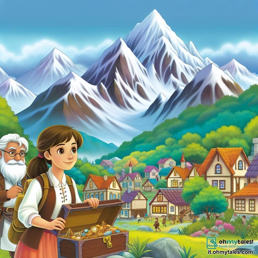 Une illustration destinée aux enfants représentant une jeune femme exploratrice courageuse à la recherche d'un trésor caché sur la cime enneigée d'une montagne majestueuse, accompagnée d'un scientifique sage et bienveillant, dans un village pittoresque aux maisons colorées et aux toits de chaume.