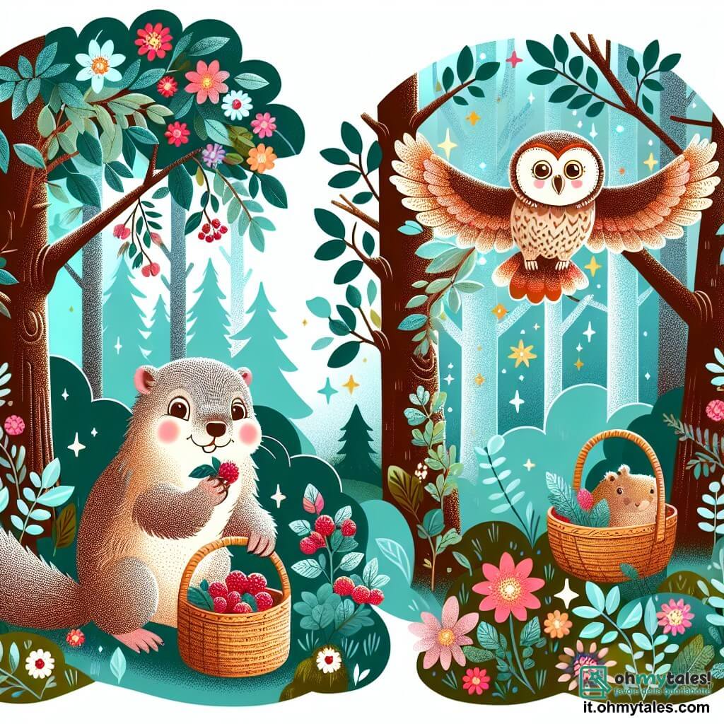 Une illustration destinée aux enfants représentant une marmotte fillette, cueillant des baies dans un bosco incantato, accompagnée d'un gufo garçon, volant parmi les arbres aux feuilles chatoyantes et aux fleurs colorées.