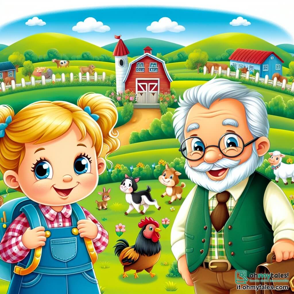 Une illustration destinée aux enfants représentant une petite fille espiègle en gita scolastica dans une magnifique ferme avec sa maestra gentille et son nonno souriant, entourés de valli verdi e animali felici.