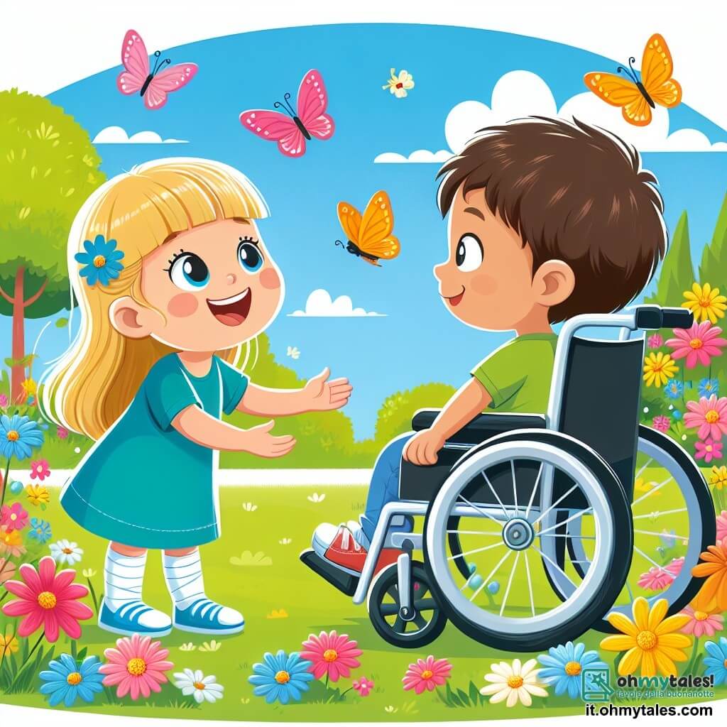 Une illustration destinée aux enfants représentant une petite fille curieuse et joyeuse, une situation de rencontre et d'amitié avec un garçon en chaise roulante, dans un parc ensoleillé rempli de fleurs multicolores et de papillons virevoltants.