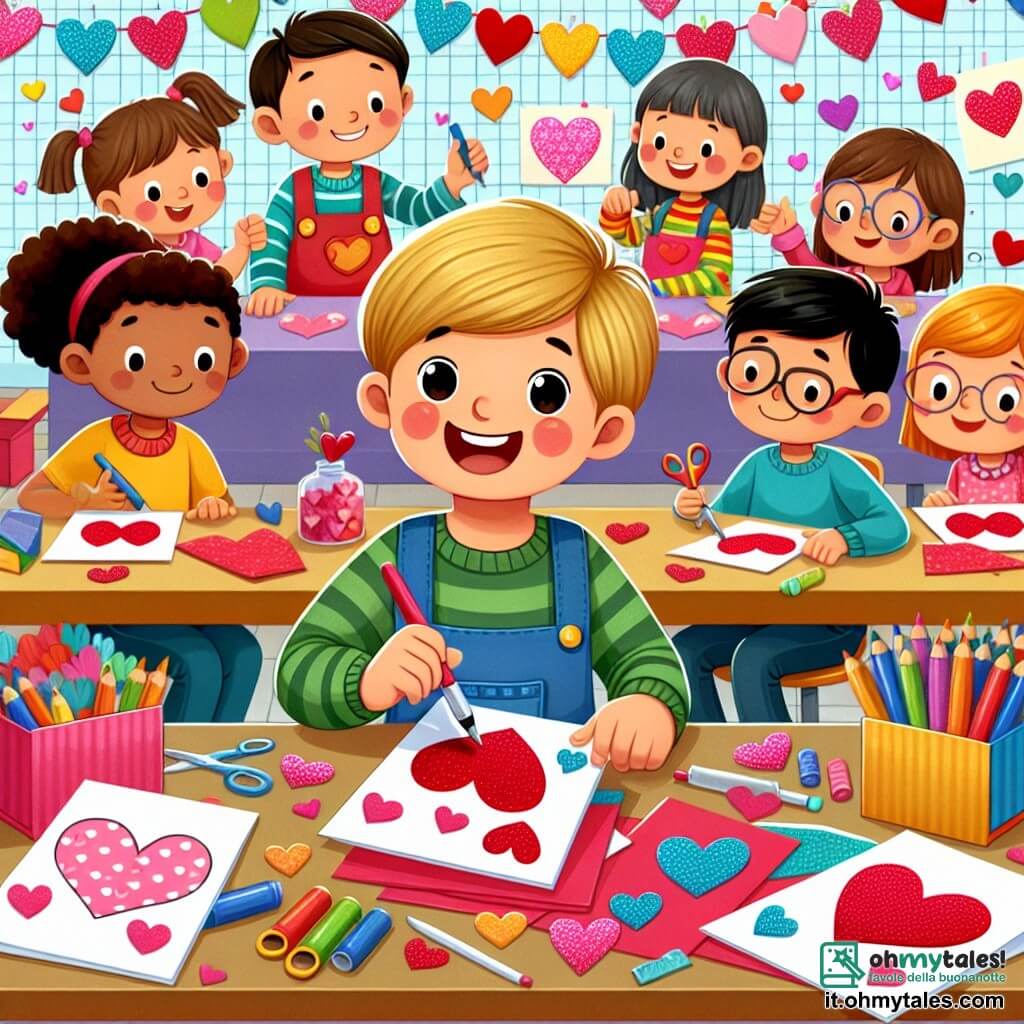 Une illustration destinée aux enfants représentant un garçon joyeux et entouré de ses amis, en train de décorer des cartes de Saint-Valentin dans une salle de classe colorée et pleine de coeurs.