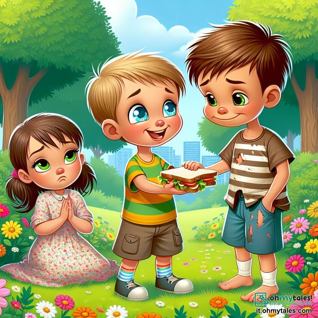 Une illustration sous forme de dessin destinée aux enfants représentant un parc ensoleillé avec des arbres verdoyants et des fleurs colorées, où un garçon de 8 ans aux cheveux bruns et aux yeux pétillants, vêtu d'un t-shirt rayé et d'un short, sourit en offrant un morceau de son sandwich à un autre garçon aux cheveux blonds, un peu plus triste, qui porte une chemise usée, tandis qu'une fille aux cheveux châtains et aux couettes, vêtue d'une robe à fleurs, les regarde avec un sourire encourageant, illustrant un moment de partage et d'amitié au milieu de la pauvreté.