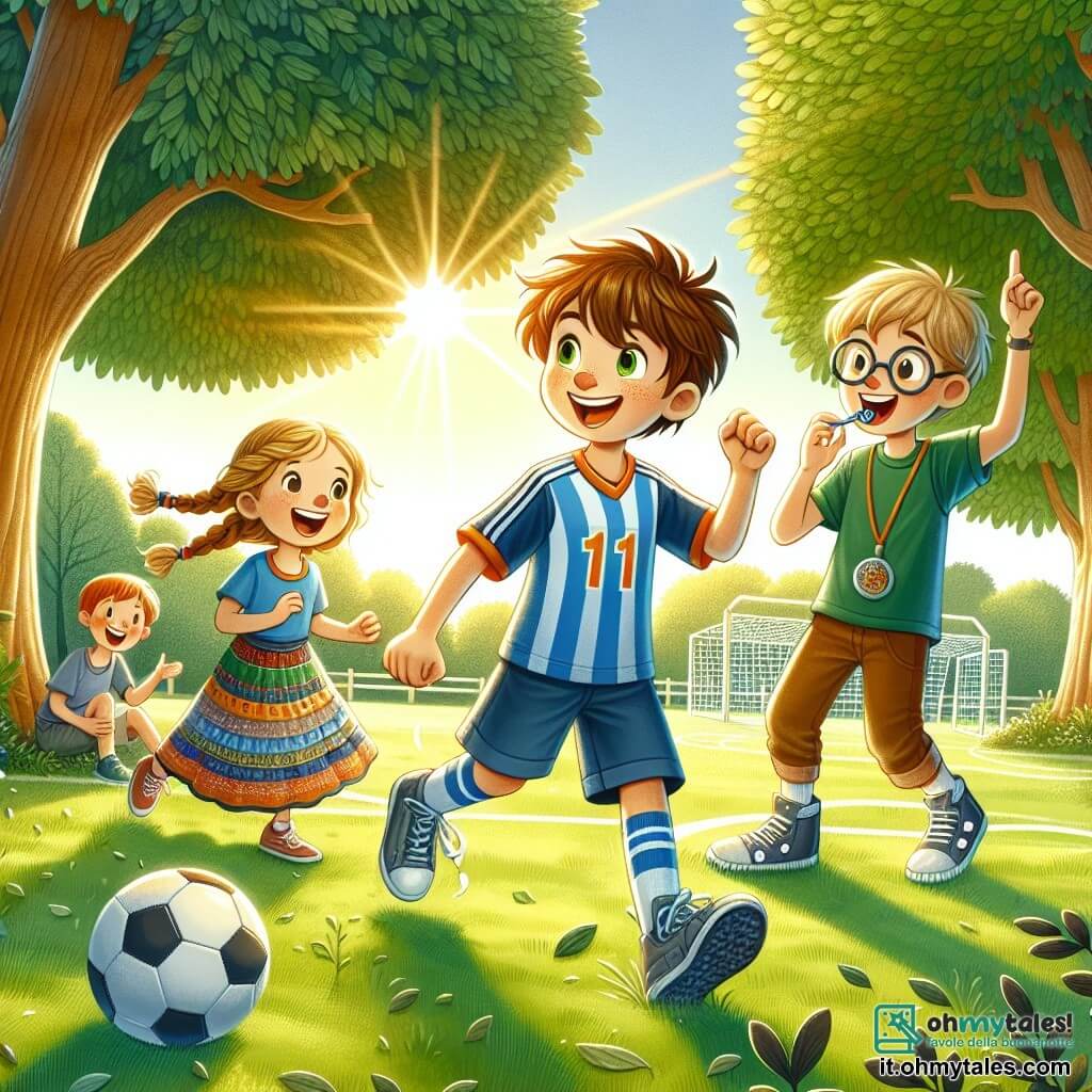 Une illustration sous forme de dessin destinée aux enfants représentant un parc ensoleillé avec de grands arbres verdoyants et un terrain de football, où un garçon de 11 ans aux cheveux bruns en bataille et portant un maillot de football bleu dribble le ballon avec enthousiasme, tandis que deux de ses amis, une fille aux cheveux longs et blonds en tresse qui porte une jupe colorée et un garçon aux lunettes et cheveux châtains qui tient un sifflet, l'encouragent avec des sourires, illustrant ainsi l'esprit d'équipe et l'amitié qui se développe loin des écrans.