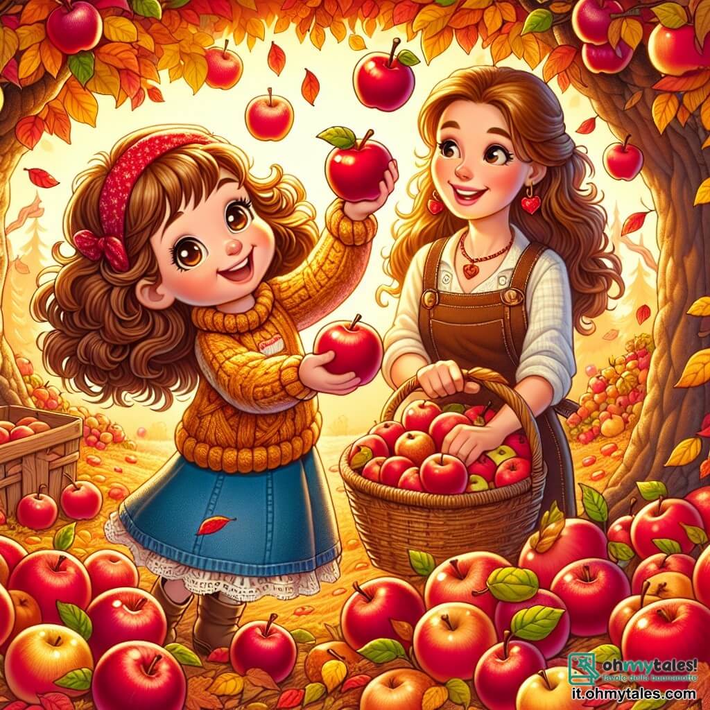 Une illustration sous forme de dessin destinée aux enfants représentant une charmante ferme en automne, avec un grand melo aux branches chargées de pommes rouges et des feuilles colorées tombant au sol, où une fille de 7 ans aux cheveux châtains et bouclés, vêtue d'un pull jaune et d'une jupe en jean, sourit en tenant une grande pomme dans ses mains, tandis que sa maman, une femme aux cheveux longs et bruns, portant un tablier, l'aide à remplir un panier de fruits, le tout baigné dans une lumière dorée et chaleureuse, symbolisant la joie de la récolte et la créativité de l'automne.