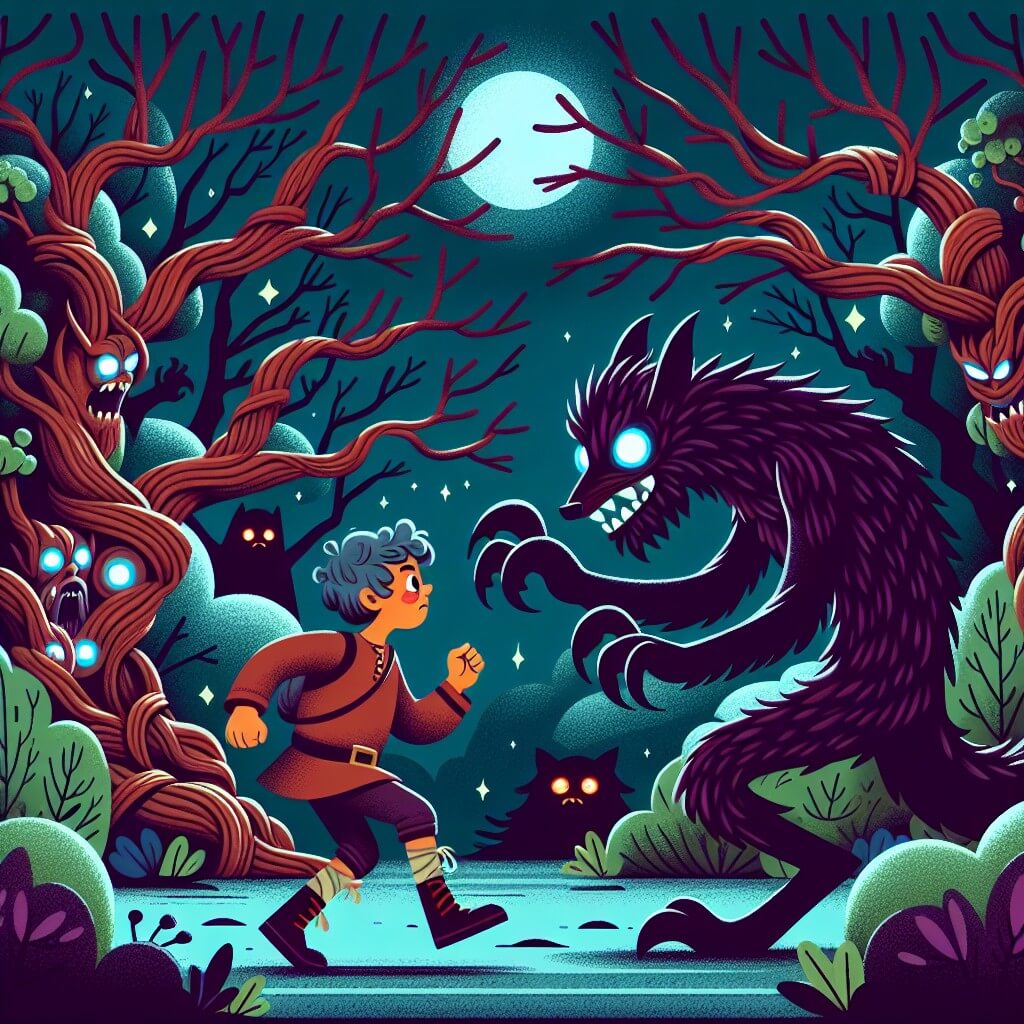 Une illustration destinée aux enfants représentant un jeune garçon courageux, confronté à une terrifiante créature nocturne, dans une sombre forêt hantée par des arbres noueux aux branches tordues et des yeux luisants dissimulés dans les buissons sinistres.