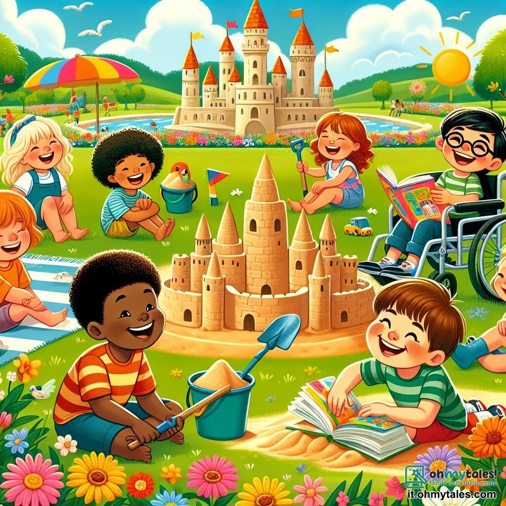 Illustrazione che rappresenta un parco colorato e soleggiato, pieno di fiori vivaci e alberi con foglie verdi lussureggianti. Al centro, un grande castello di sabbia, con torri e fossati, circondato da un gruppo di bambini felici. Un ragazzo di 10 anni, con capelli ricci e pelle chiara, sorride tenendo una pala, pronto ad aggiungere una nuova torre al castello. Accanto a lui, un ragazzo di 9 anni, con occhiali e capelli castani, è seduto sull'erba, con un libro aperto sulle ginocchia, raccontando una storia con entusiasmo. Un altro ragazzo di 8 anni, con capelli corti e pelle scura, ride tenendo un secchio pieno di sabbia, pronto a versarlo sul castello. Infine, un ragazzo di 11 anni, con capelli lisci e pelle chiara, è in sedia a rotelle, sorridendo e osservando i suoi amici, mentre tiene una piccola bandiera colorata. La scena cattura lo spirito di amicizia e diversità, con bambini di diverse origini che condividono risate e storie mentre costruiscono insieme il loro castello di sabbia. Sullo sfondo, famiglie e amici si radunano, aggiungendo all'atmosfera festiva, con palloncini colorati che fluttuano nell'aria e ghirlande di luci scintillanti appese agli alberi.