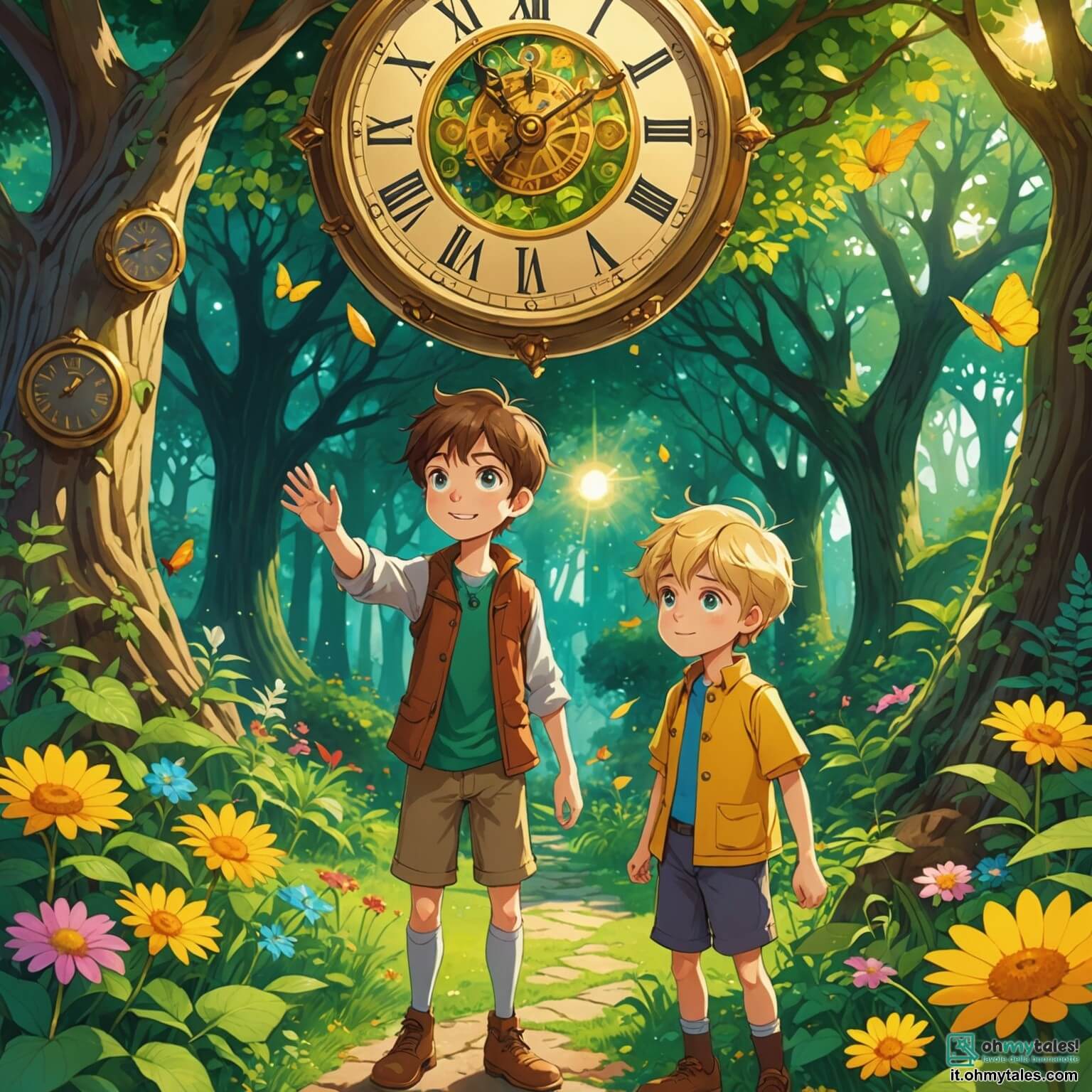 Une illustration destinée aux enfants représentant un garçon aux cheveux bruns et aux yeux pétillants d'aventure, qui découvre un mystérieux orologe doré dans son jardin secret, tandis qu'un garçon aux cheveux blonds et à la tunique colorée l'accompagne dans un monde enchanteur rempli d'arbres géants aux feuilles scintillantes, de fleurs éclatantes et de créatures fantastiques, où chaque rayon de soleil danse sur le sol tapissé de mousse verdoyante.