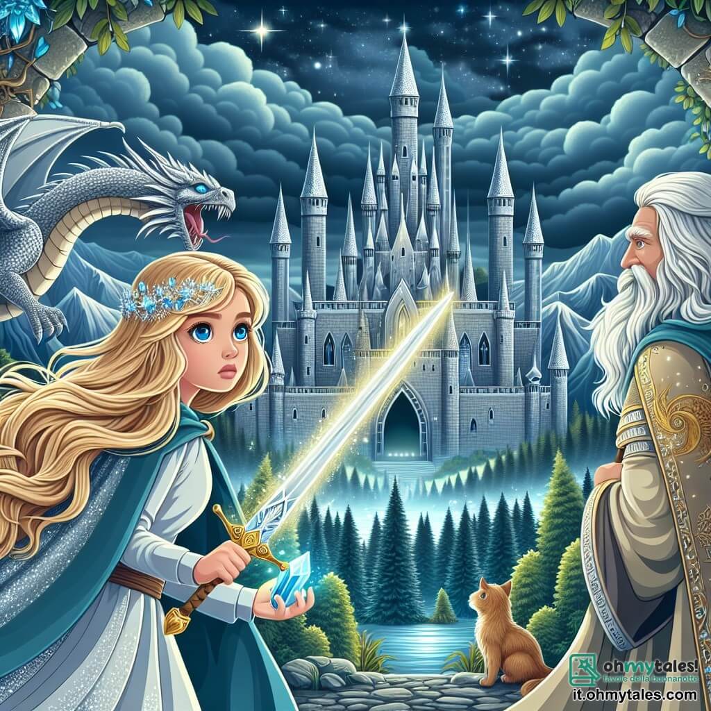 Une illustration sous forme de dessin destinée aux enfants représentant un majestueux château en pierre argentée, entouré de forêts enchantées et de montagnes scintillantes, avec une jeune femme aux longs cheveux dorés et aux yeux bleus, brandissant une épée étincelante et tenant un cristal lumineux dans sa main, tandis qu'un sage vieux magicien à la barbe blanche, vêtu d'une robe ornée de symboles magiques, l'observe avec fierté, alors qu'ils se préparent à affronter un puissant dragon menaçant le royaume, le ciel assombri par les nuages orageux et une lueur d'espoir émanant de leur détermination.