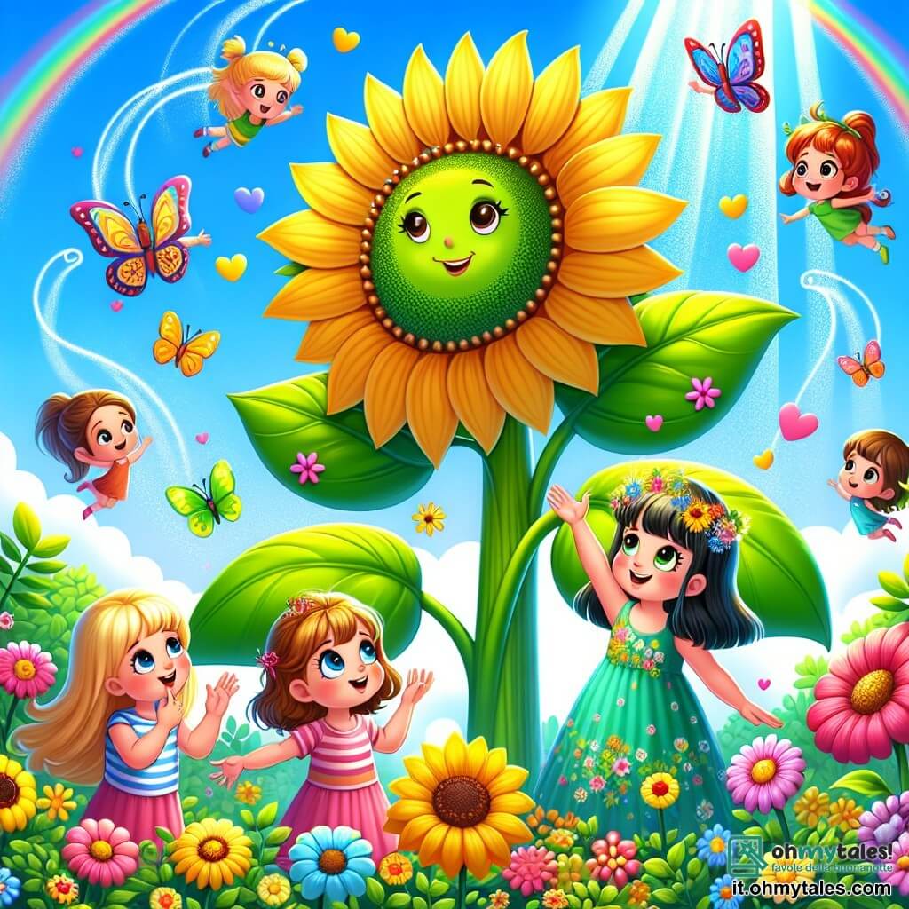 Illustrazione che rappresenta un giardino magico, pieno di fiori colorati dai petali brillanti e di piante danzanti sotto un cielo azzurro chiaro. Al centro, un grande girasole sorridente, con foglie verdi lussureggianti, si erge maestoso, mentre farfalle dalle ali multicolori volano gioiosamente intorno a lui. Quattro bambine di sei anni, con lunghi capelli lucenti, si tengono in cerchio attorno al girasole. Una di loro, con capelli biondi e un vestito rosa, guarda il girasole con meraviglia. Un'altra, con capelli castani e un vestito blu, sorride alzando le braccia, come se volesse ballare. La terza, con capelli rossi e un vestito verde, sembra riflettere, la mano sul mento. Infine, la quarta, con capelli neri e un vestito giallo, sta disegnando cuori nell'aria con le dita. La scena cattura un momento di scoperta e meraviglia, dove le ragazze ascoltano attentamente i saggi consigli del girasole. Raggi di sole dorati filtrano tra le foglie, creando un'atmosfera calda e gioiosa, mentre farfalle colorate svolazzano intorno a loro, aggiungendo un tocco di magia a questo giardino incantevole.