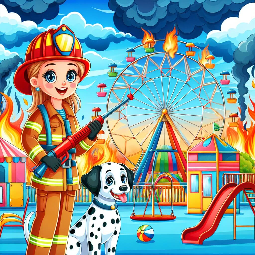 Une illustration destinée aux enfants représentant une femme pompière courageuse et déterminée, qui fait face à un incendie dans un parc d'attractions coloré rempli de toboggans, balançoires et une grande roue, avec un adorable chien dalmatien comme compagnon fidèle, le tout sous un ciel bleu éclatant.