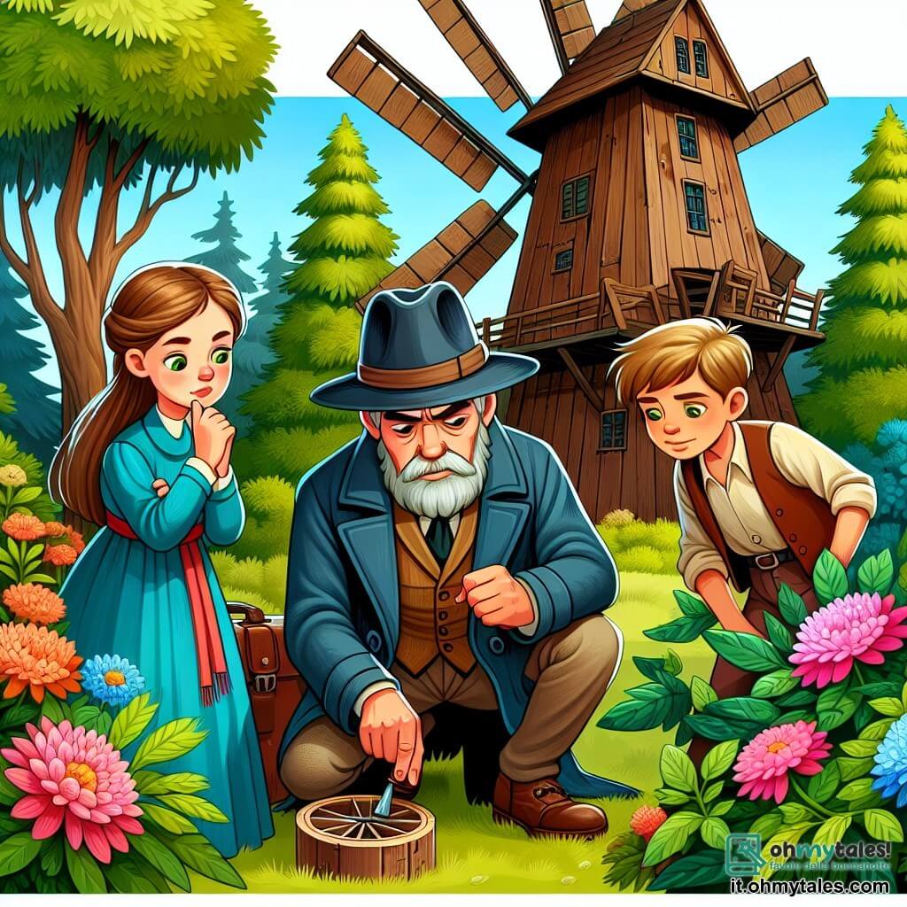 Une illustration sous forme de dessin destinée aux enfants représentant un vieux moulin en bois, entouré d'arbres verdoyants et de fleurs colorées, où un homme d'âge moyen, avec un chapeau de feutre et un manteau bleu, examine attentivement un indice sur le sol, tandis qu'une jeune femme aux cheveux bruns et aux yeux verts, visiblement inquiète, l'observe avec espoir, et un jeune garçon aux vêtements sales, caché derrière un arbre, les regarde avec curiosité, alors qu'ils tentent de résoudre le mystère de la disparition d'un enfant dans une ambiance de suspense amical.