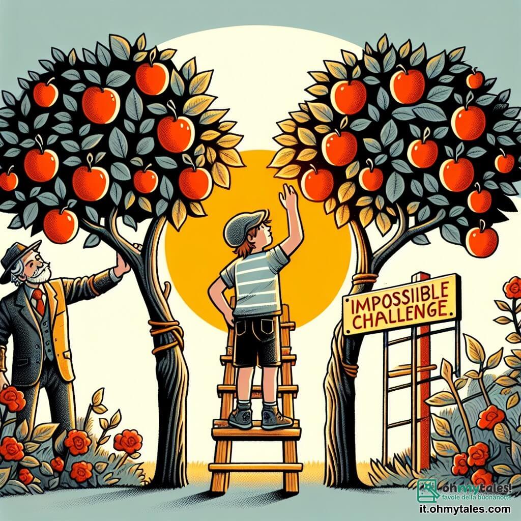 Une illustration destinée aux enfants représentant un garçon inventif face à un défi impossible, accompagné de son père bienveillant, dans un jardin ensoleillé rempli d'un arbre aux fruits rouges hors de portée.
