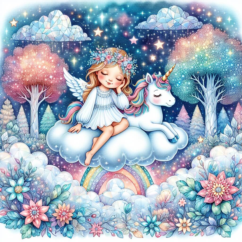 Une illustration destinée aux enfants représentant une jeune fille rêveuse, perchée sur un nuage moelleux au milieu d'un ciel étoilé, accompagnée d'une licorne lumineuse, dans un paysage féérique où les arbres sont faits de cristaux scintillants et les fleurs brillent de mille couleurs.