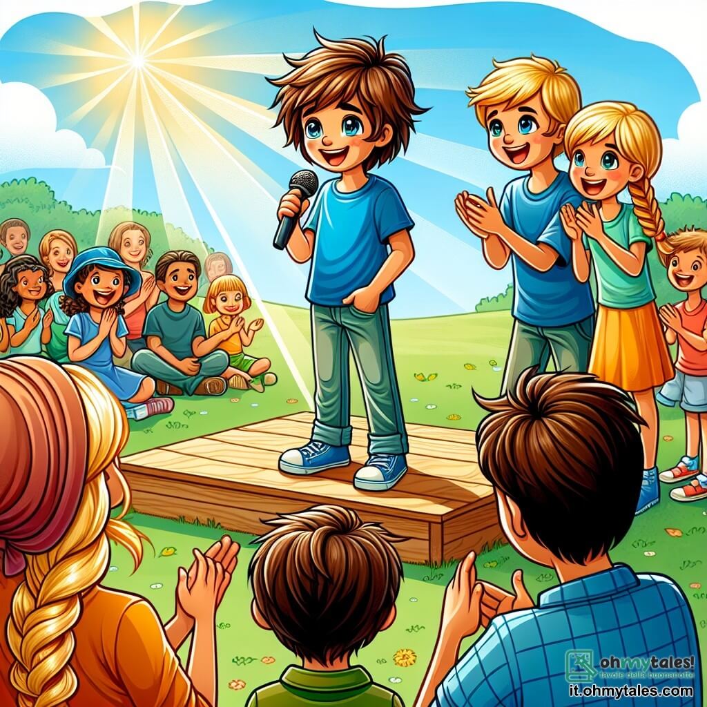 Une illustration sous forme de dessin destinée aux enfants représentant une scène vibrante dans un parc ensoleillé, où un garçon de 11 ans, aux cheveux bruns en bataille et portant une chemise bleue, se tient sur une petite scène en bois, les yeux brillants de détermination alors qu'il récite une histoire devant un public enthousiaste ; à ses côtés, deux amis, une fille aux cheveux blonds tressés et un garçon aux lunettes, l'encouragent avec des sourires chaleureux, tandis que des enfants et des parents applaudissent, créant une atmosphère de soutien et de confiance en soi.
