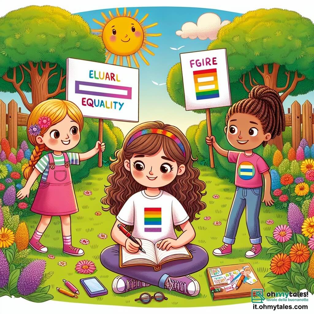 Une illustration sous forme de dessin destinée aux enfants représentant un jardin coloré et ensoleillé, rempli de fleurs vibrantes et d'arbres verdoyants, où une fille de 11 ans aux cheveux bruns et bouclés, portant une t-shirt avec un message d'égalité, est assise sur l'herbe avec un carnet et un stylo à la main, en train d'écrire, tandis que deux de ses amies, une fille aux cheveux blonds tressés et un garçon aux cheveux courts et bruns, s'approchent avec des sourires, tenant des affiches colorées sur l'égalité des genres, illustrant ainsi leur projet commun pour célébrer l'inclusion et le respect.